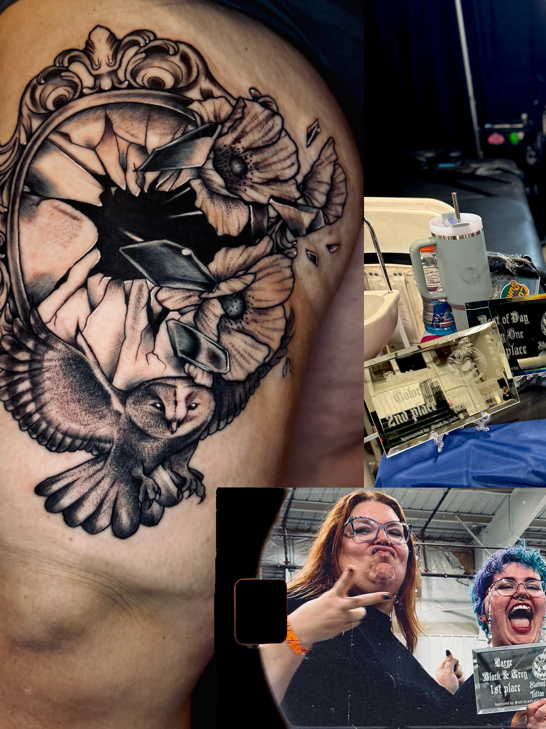 Owl and poppies realism tattoo on the thigh by Serenity Mullins