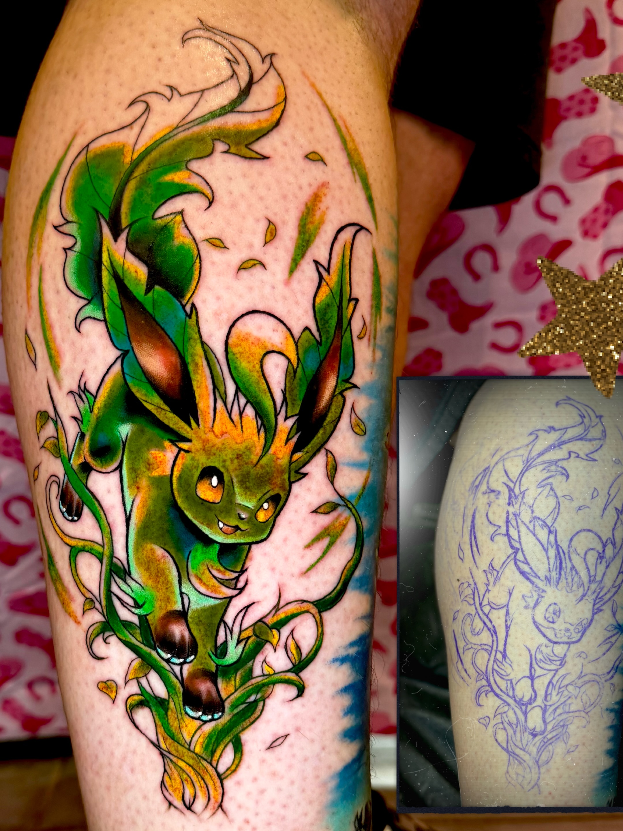 Eevee new school tattoo on the thigh by Serenity Mullins