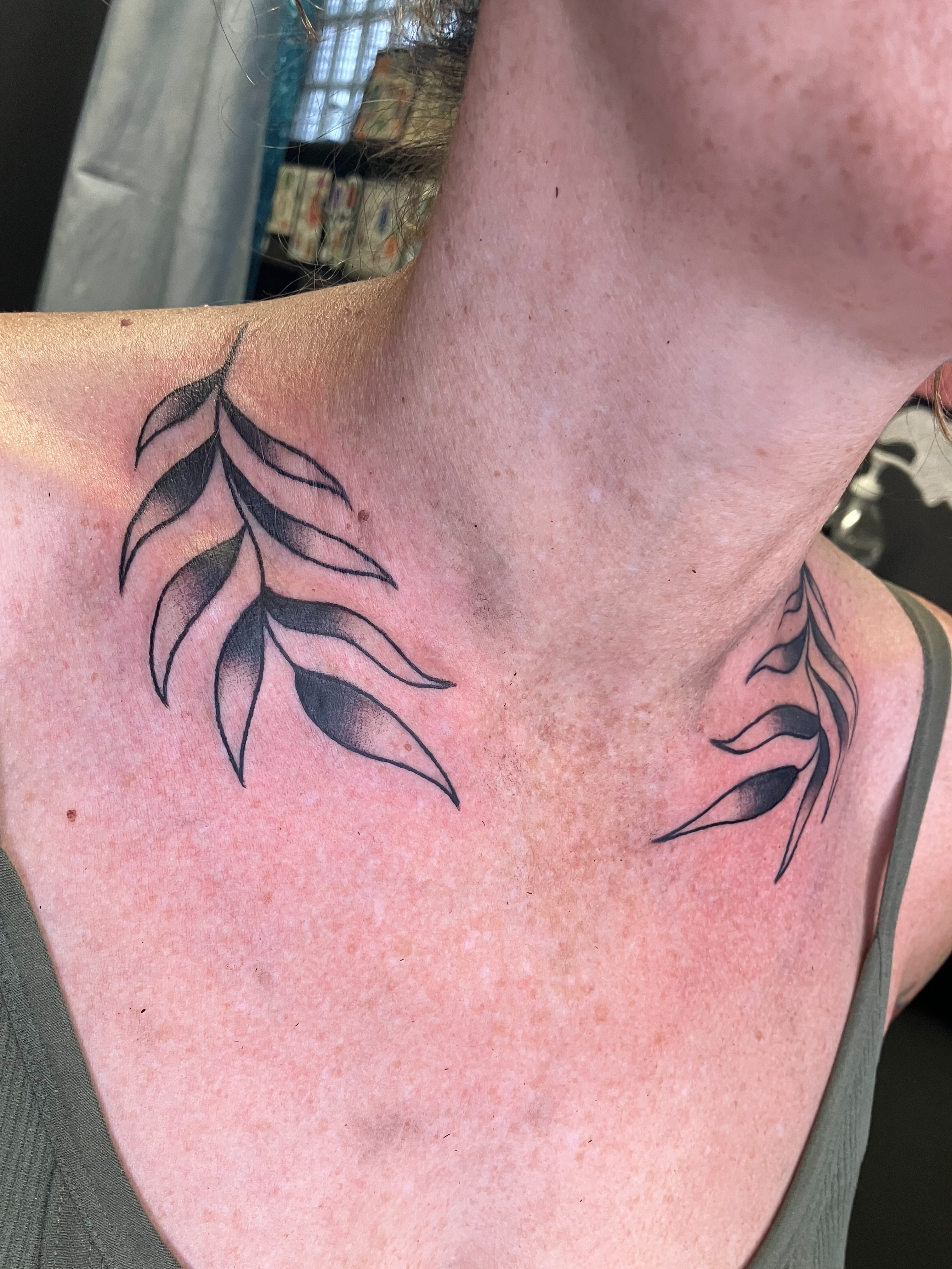 Leaf black and grey tattoo on the chest by maddie mcghee, Memphis, Tennessee