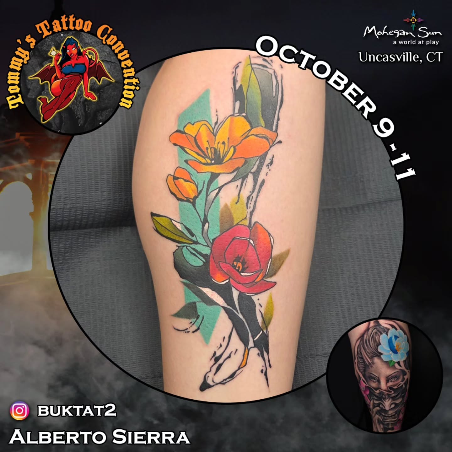 Floral bouquet American traditional tattoo on the thigh by Buk