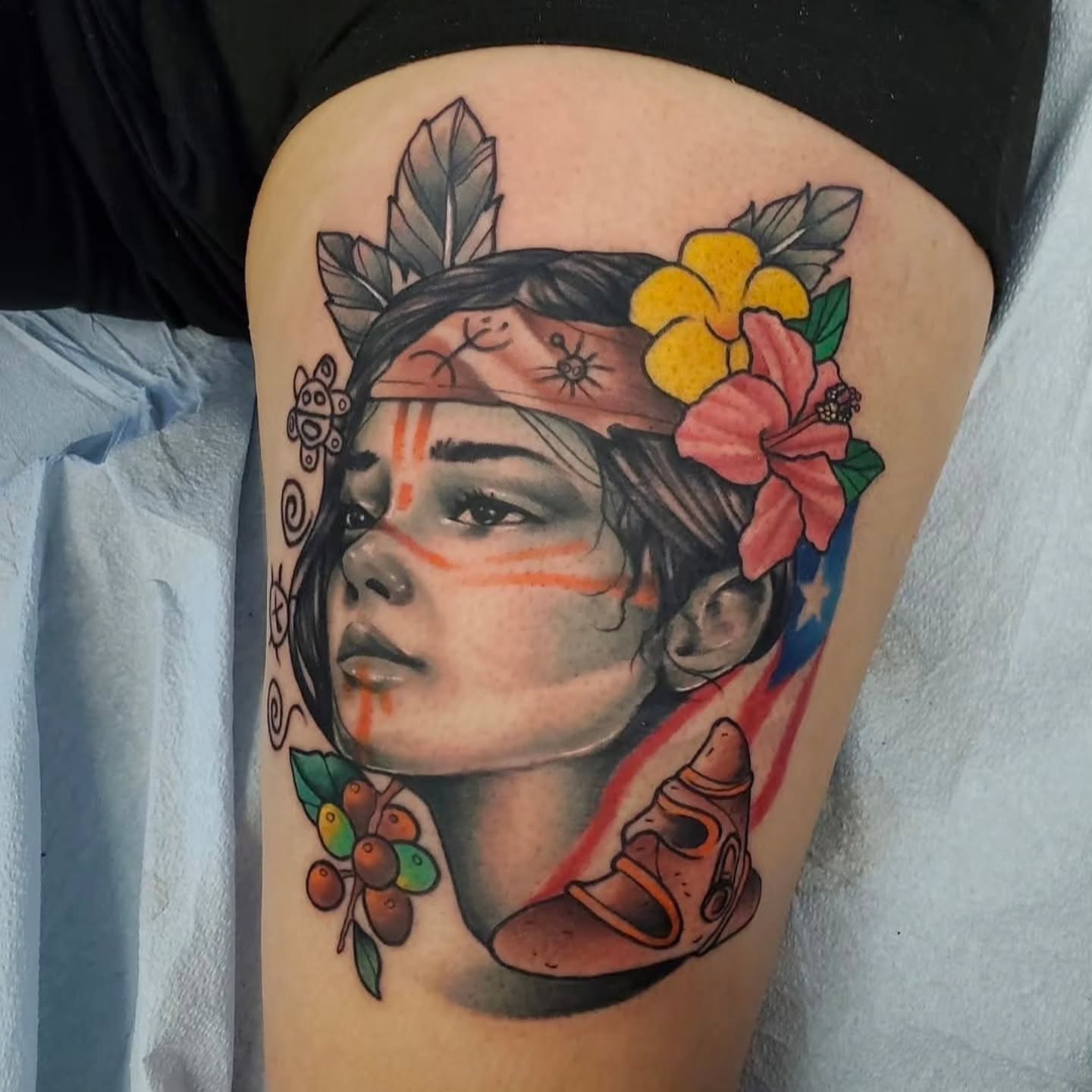 Portrait of a woman American traditional tattoo on the thigh by Buk