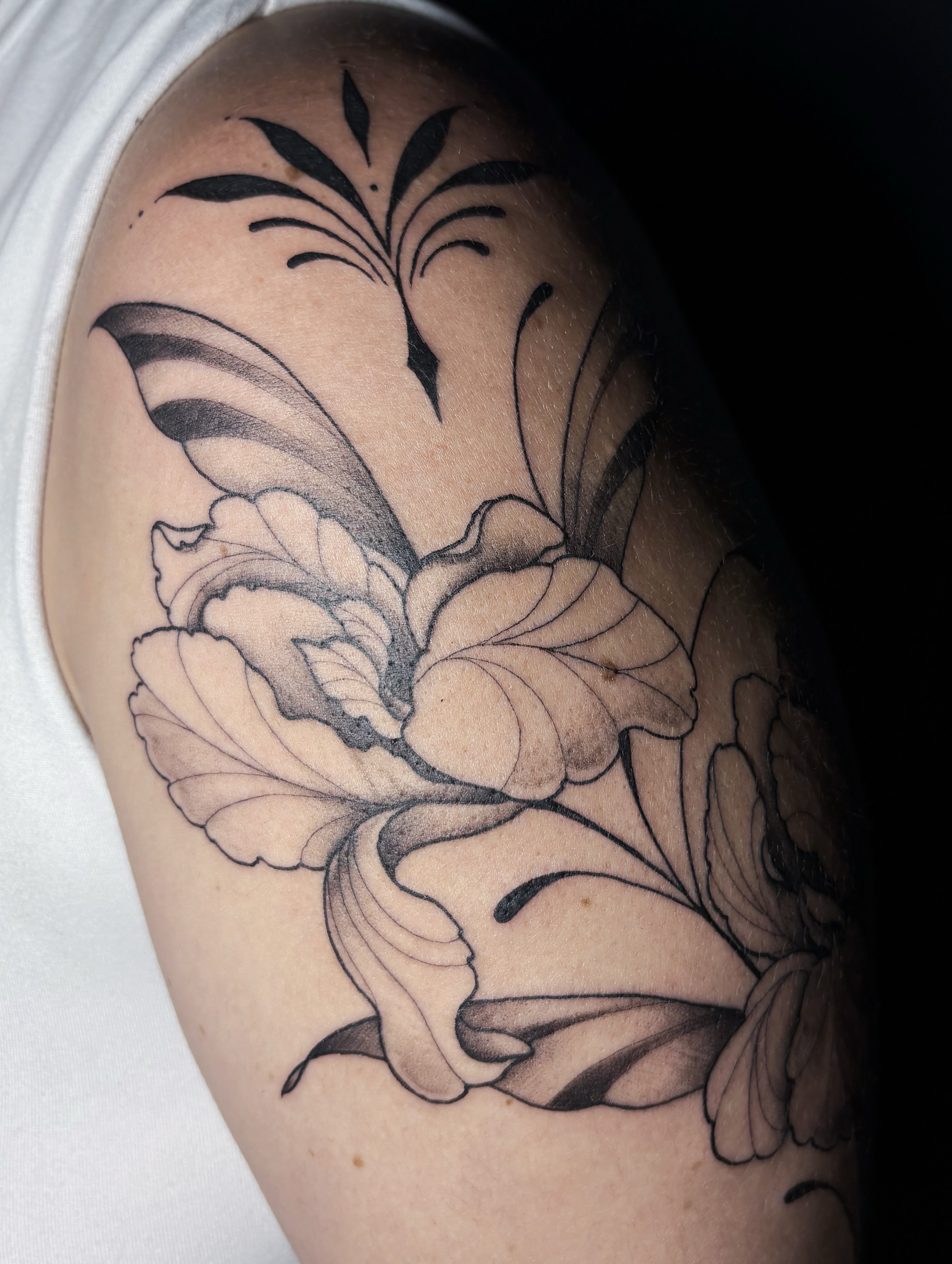 Flower black and grey tattoo on the shoulder by Fine Line Tattoo Artist