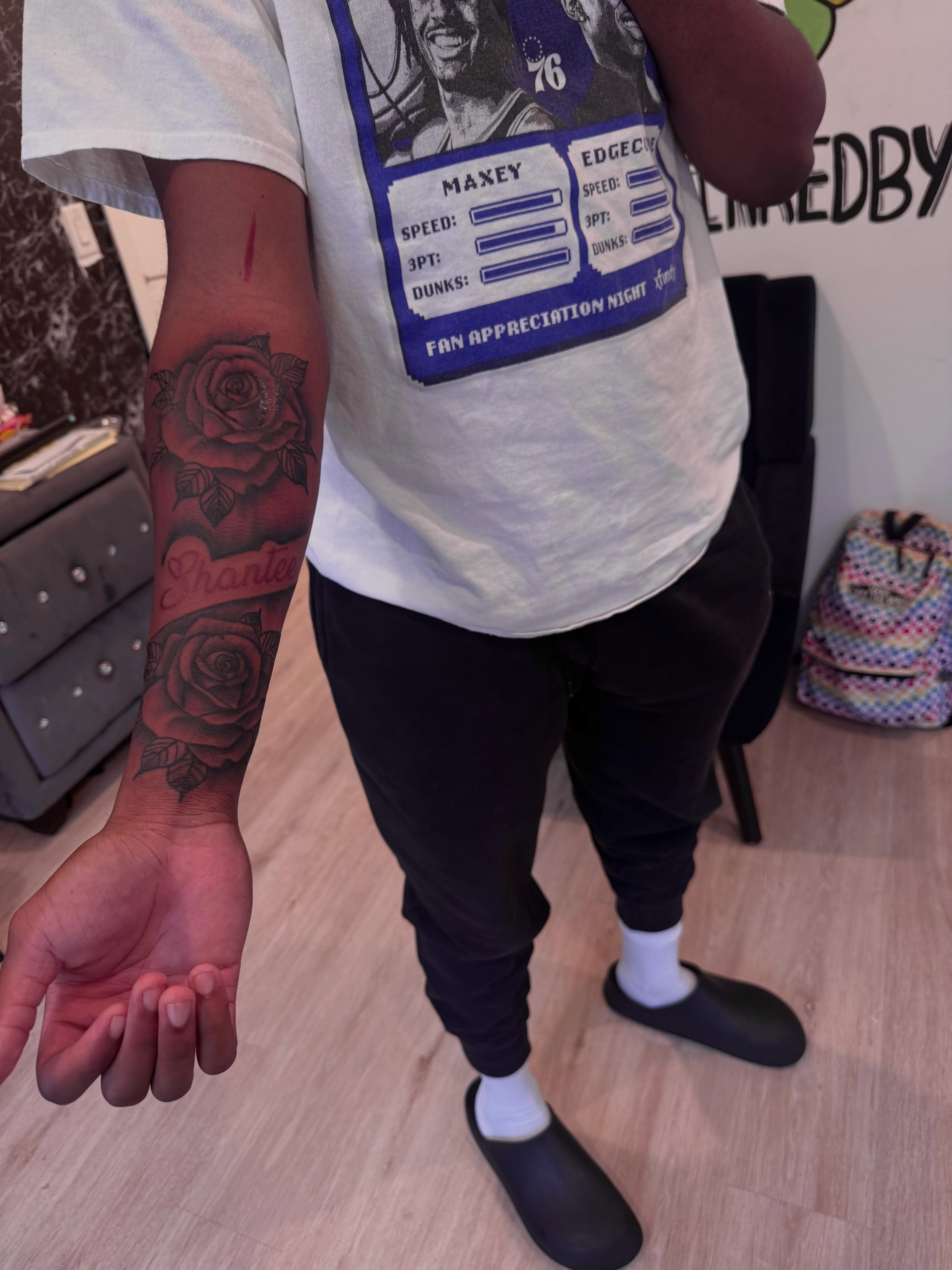 Rose black and grey tattoo on the forearm by inkedbylii, Philadelphia, Pennsylvania