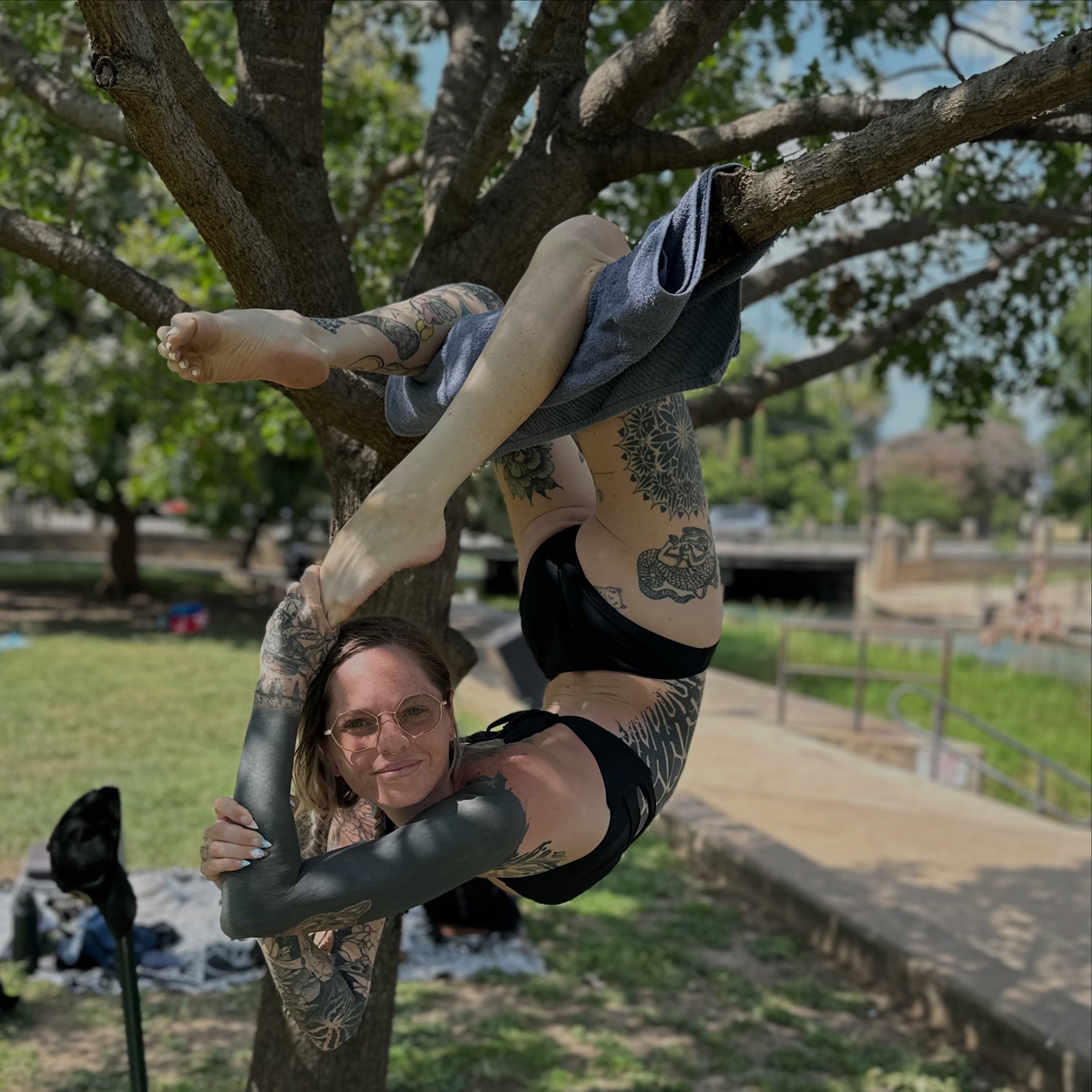 Tree climbing American traditional tattoo on the torso by Emily Miller