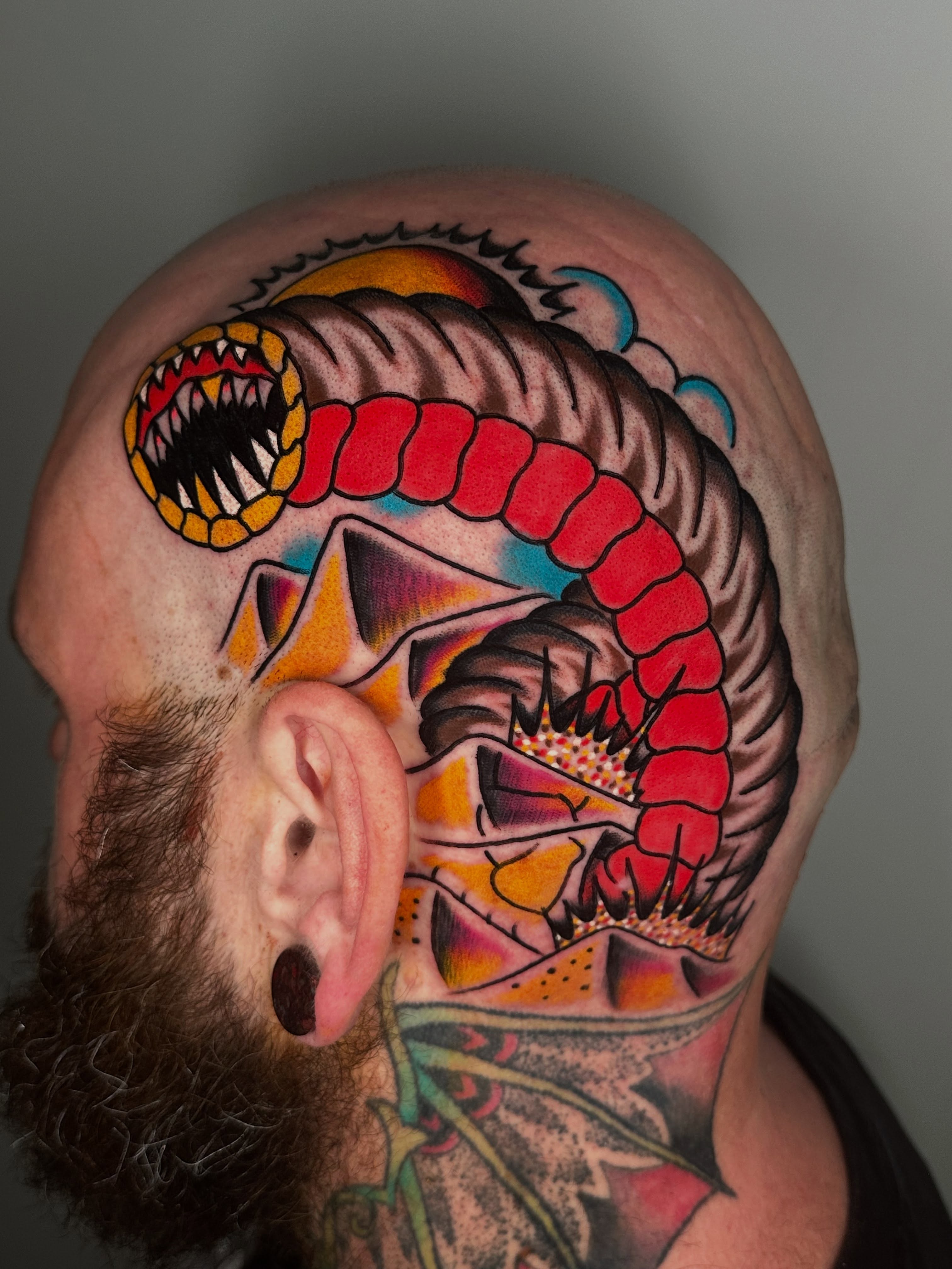 Snake American traditional tattoo on the head by Spencer Crawford, Speedway, Indiana