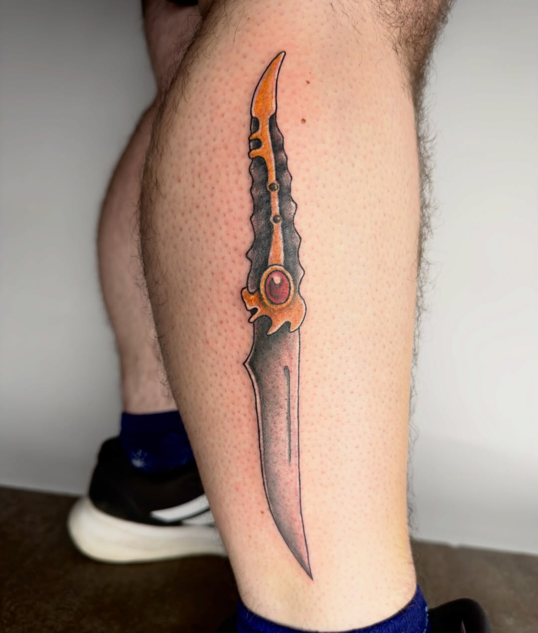 Knife dotwork tattoo on the thigh by Charlotte (Luna), Seattle, Washington