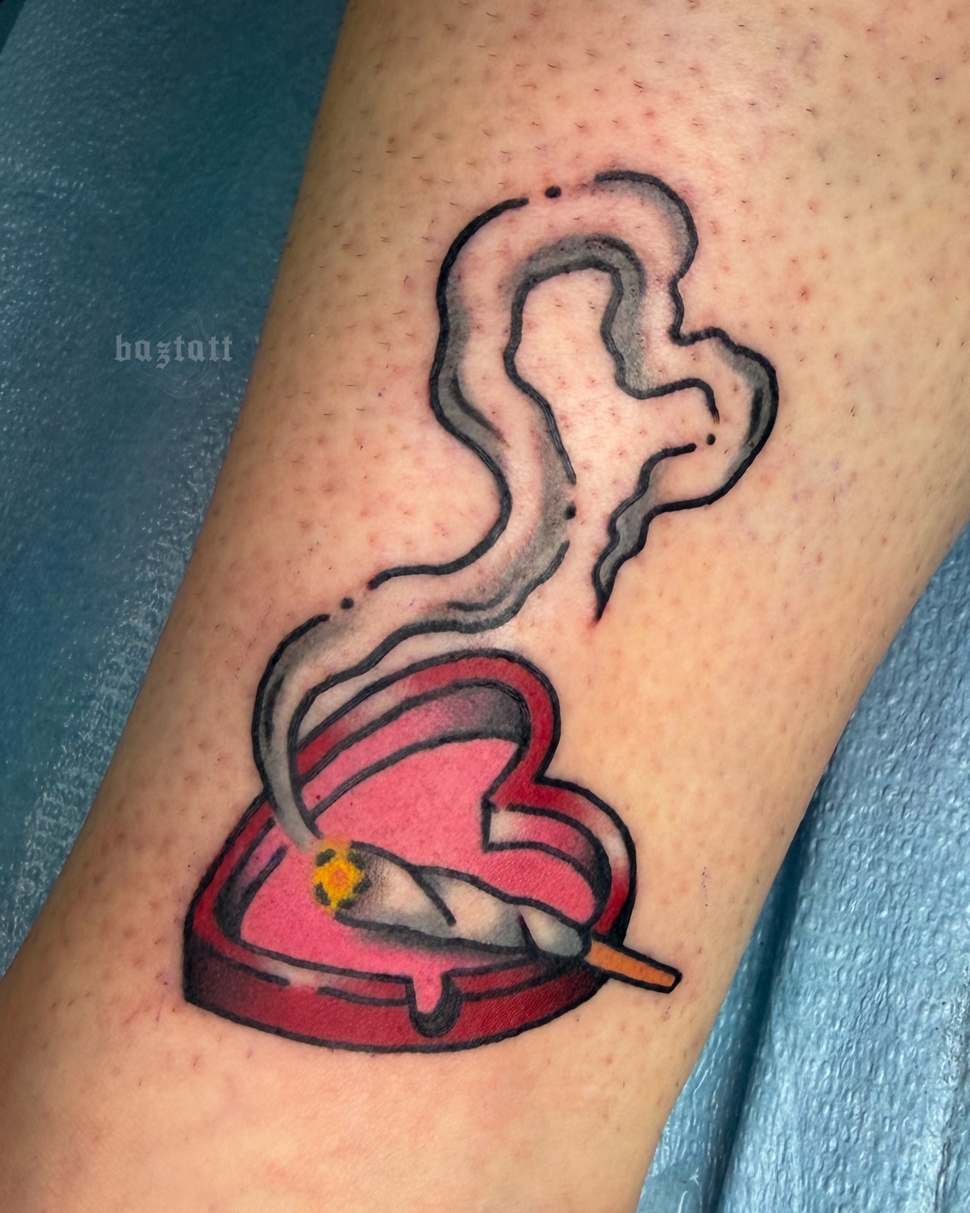 Cigarette and ashtray American traditional tattoo on the forearm by bri allura ✿ tattoo artist  ✿ cleveland, oh