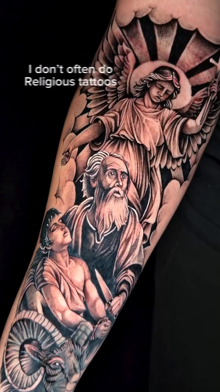 Abraham and angel realism tattoo by Travis Sleeper