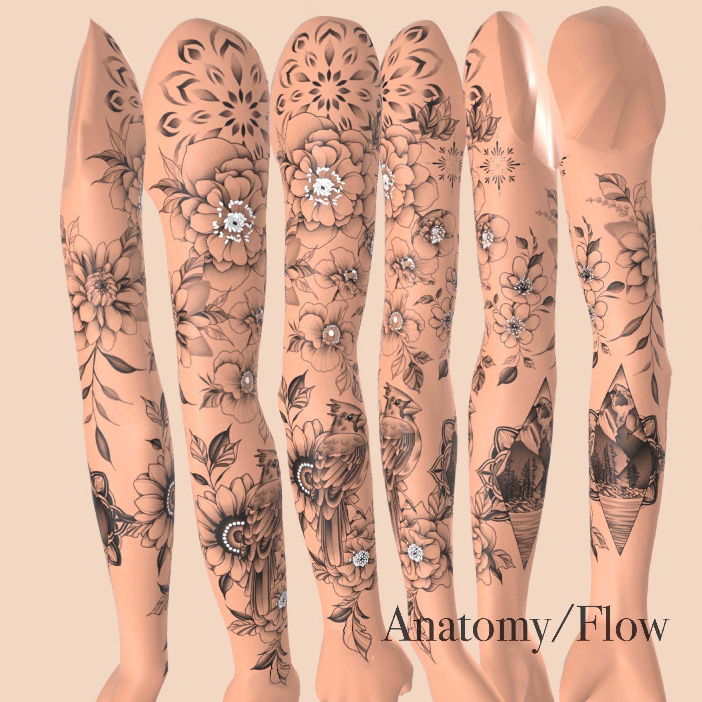 Floral patterns black and grey tattoo on the upper arm by Elise Lamoureux- Tattoo Artist, Airdrie, Alberta