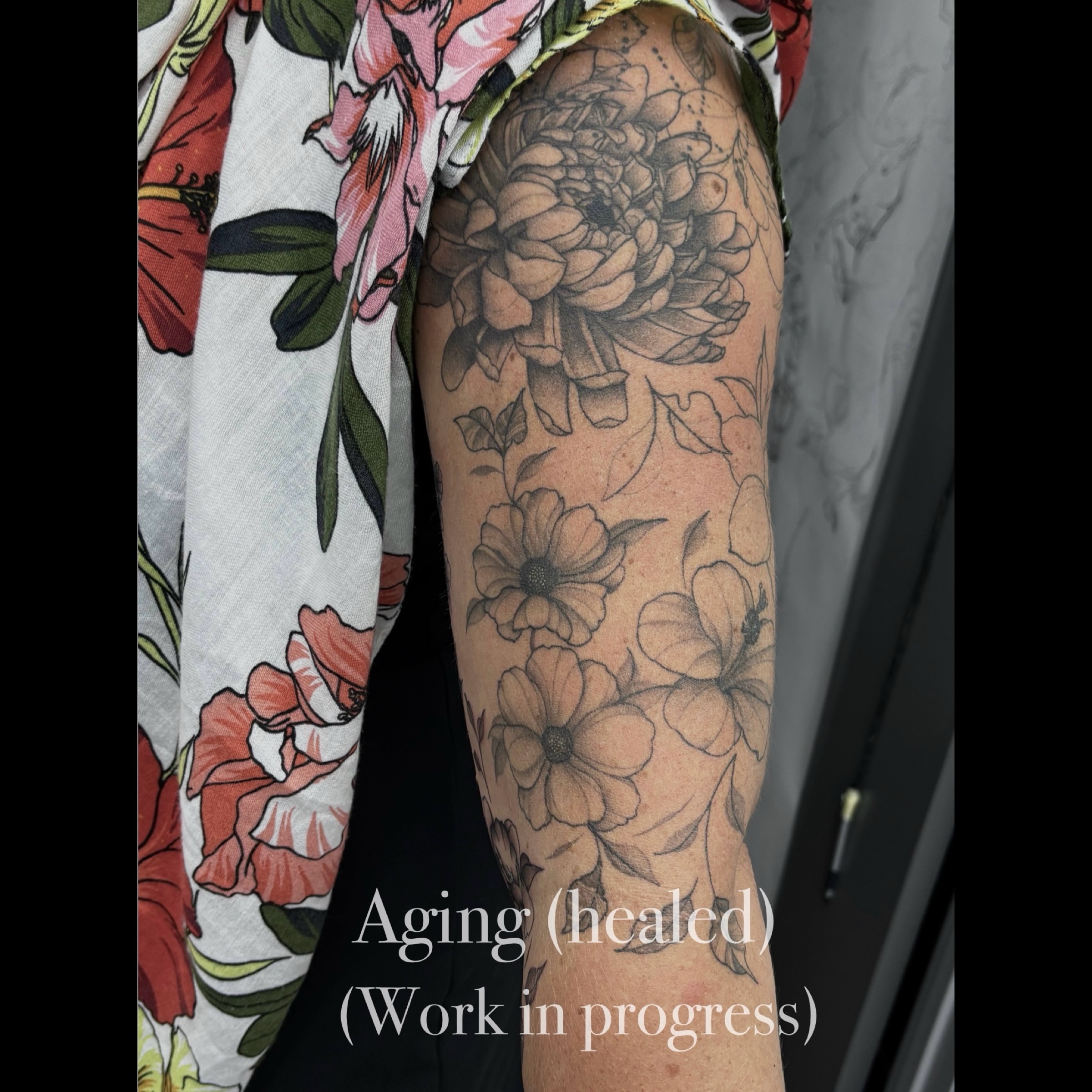 Floral bouquet black and grey tattoo on the forearm by Elise Lamoureux- Tattoo Artist, Airdrie, Alberta