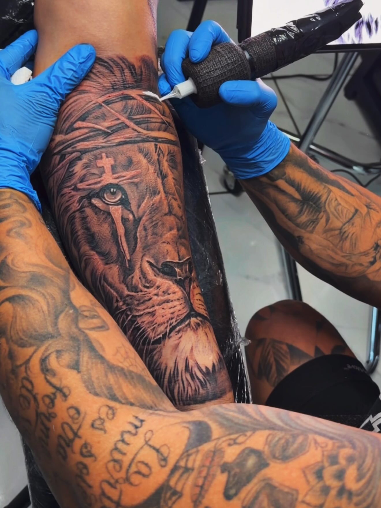 Lion realism tattoo on the forearm by Adrian gonzalez...