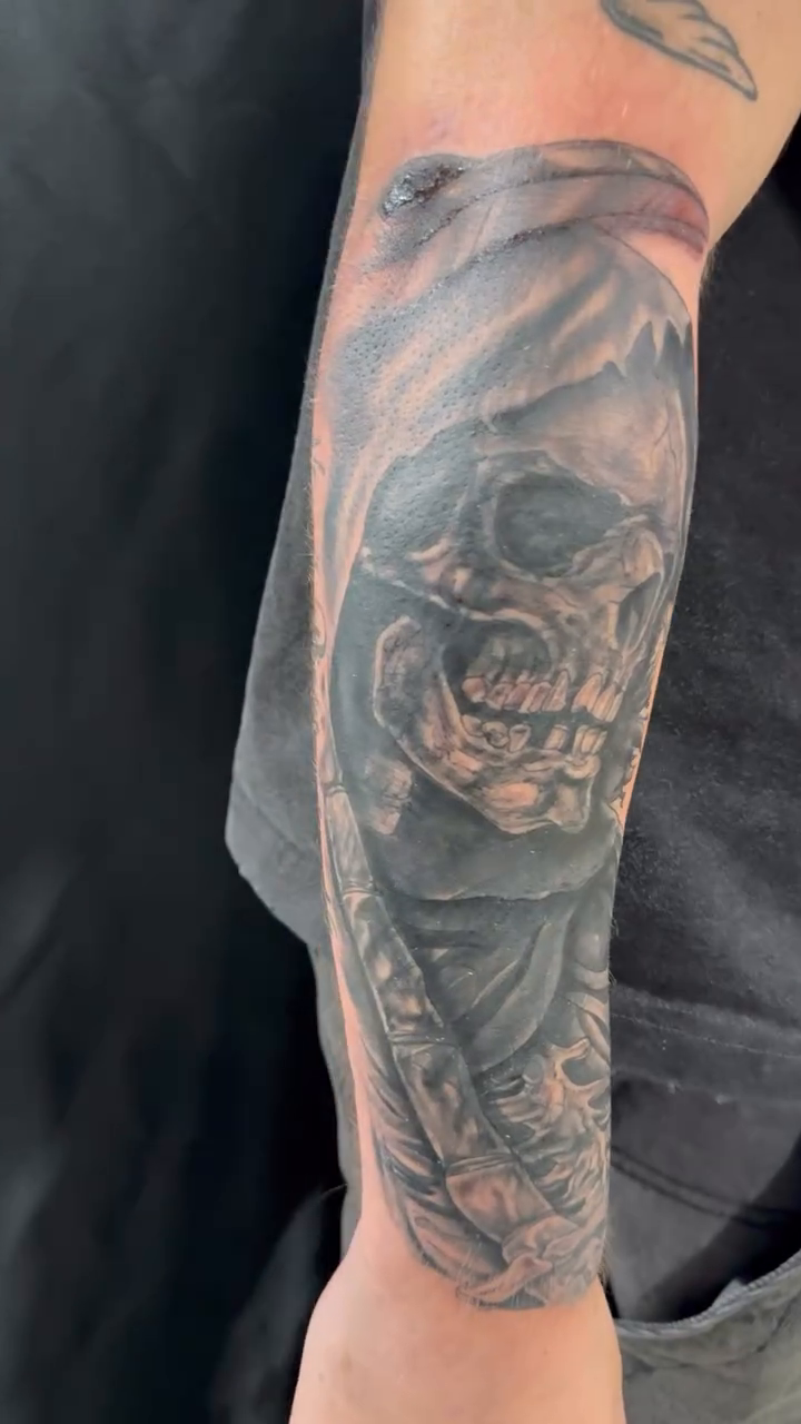 Grim Reaper skull dark realism tattoo by Shane Montie, Killeen, Texas