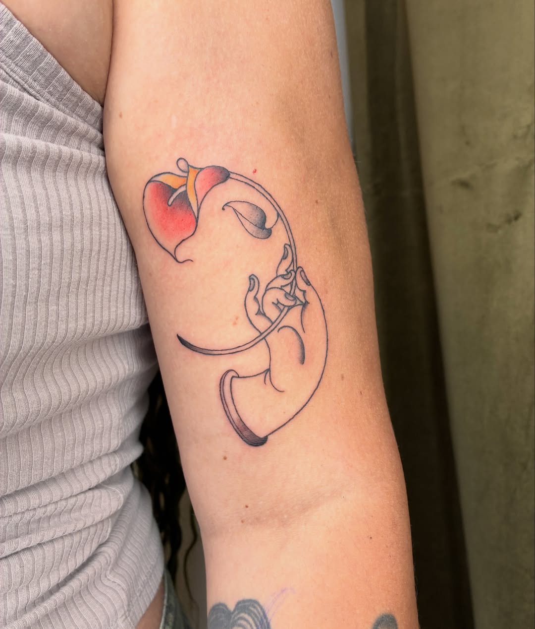 Heart and floral fine line tattoo on the forearm by Xin.H