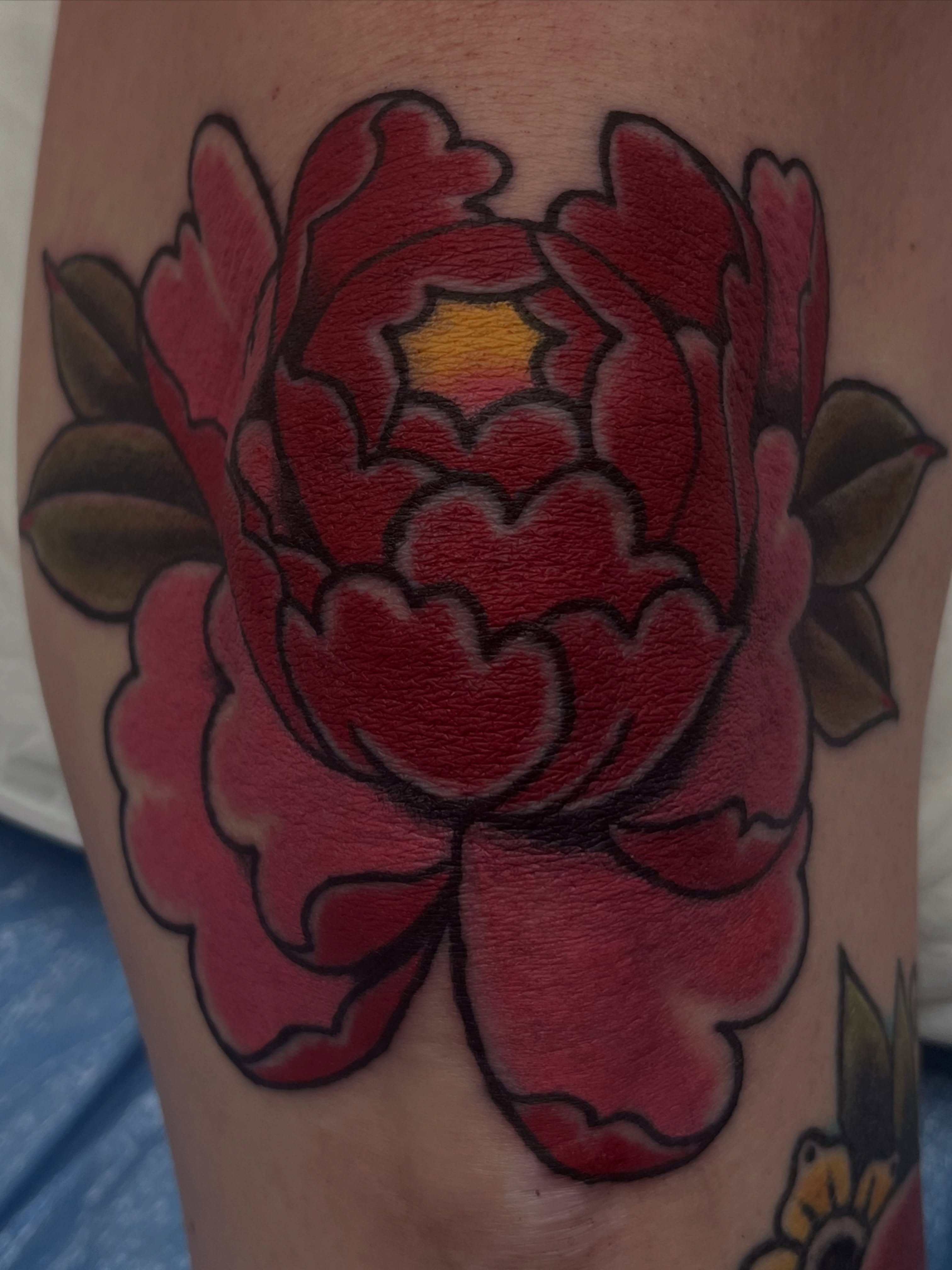 Peony American traditional tattoo on the thigh by You’ll save me in your phone as Tattoo Tim