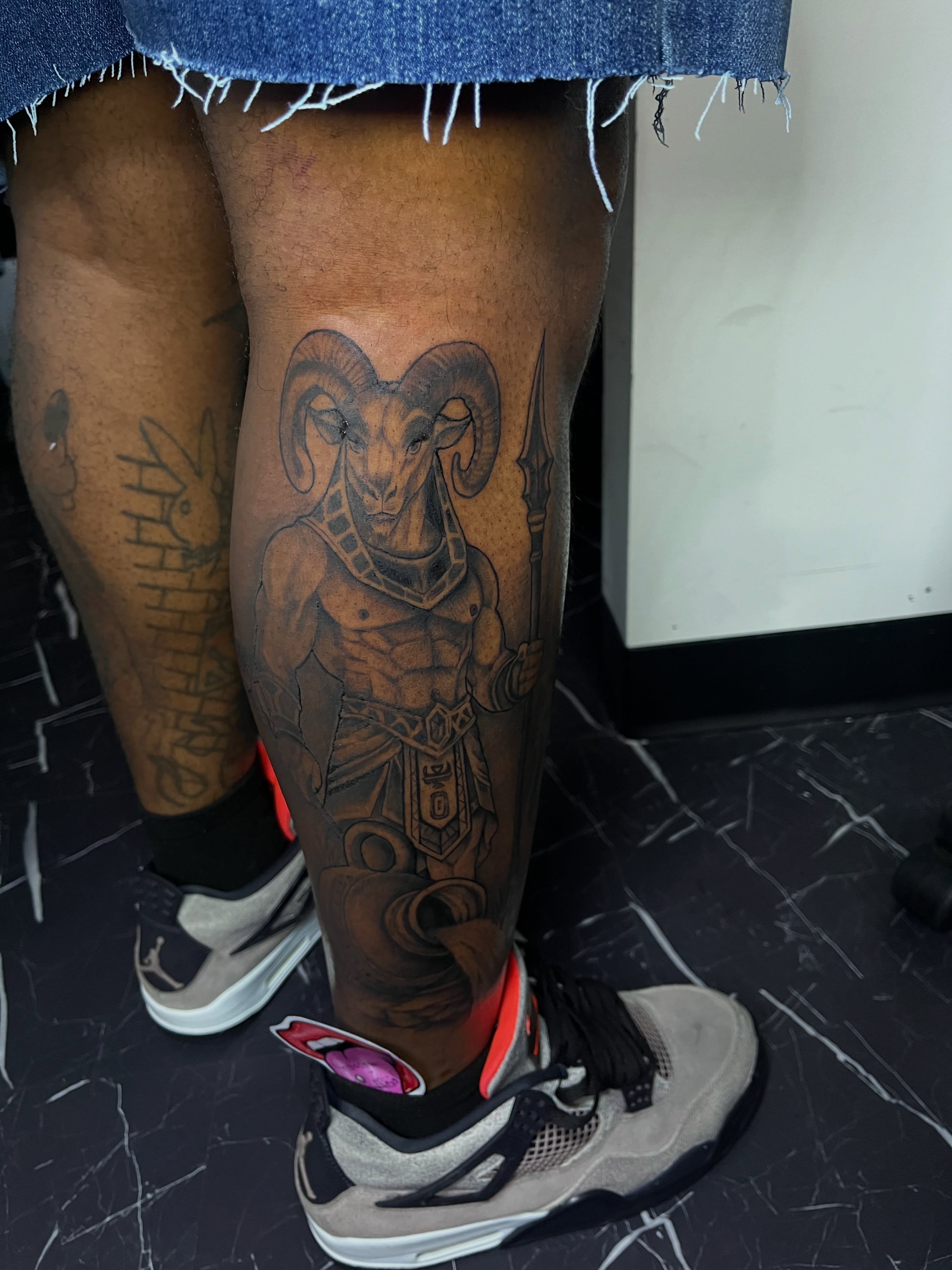 Ram warrior realism tattoo on the calf by Doll The Tattoo Artist, Addison, Texas