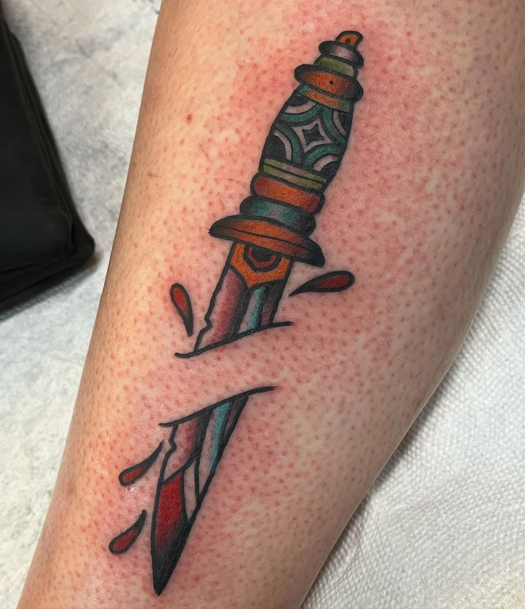 Knife American traditional tattoo on the forearm by Arron Albaugh