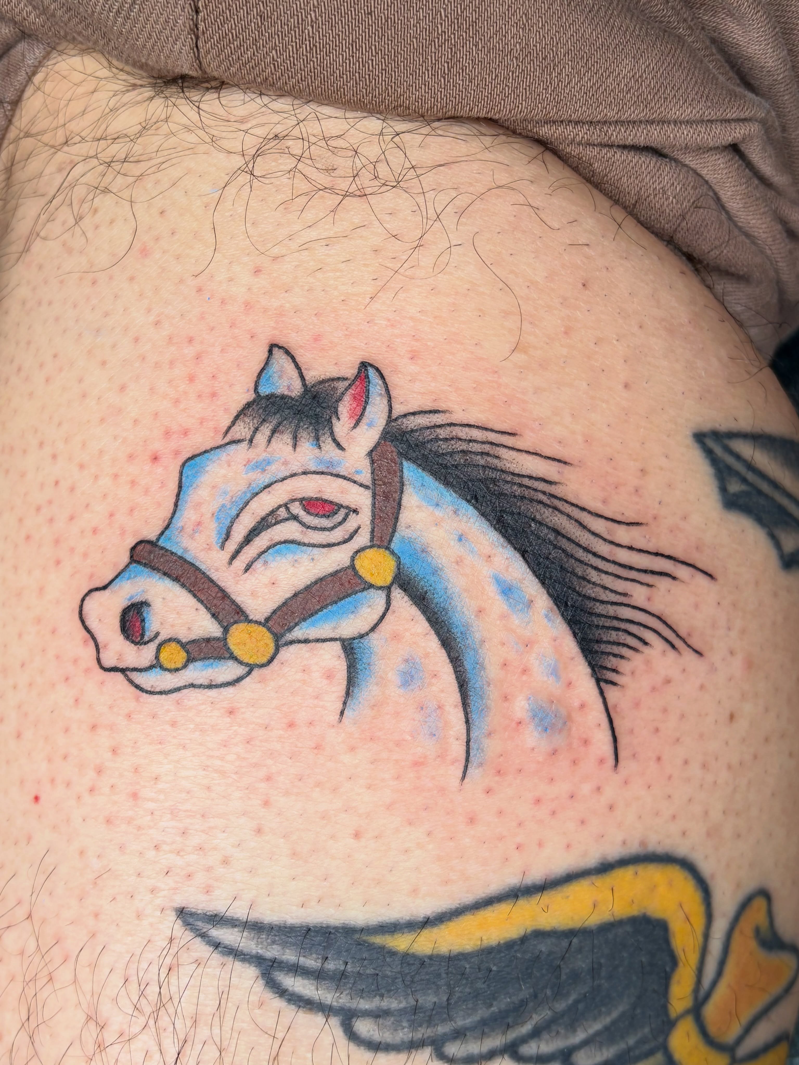 Horse American traditional tattoo on the thigh by Pedroux M.