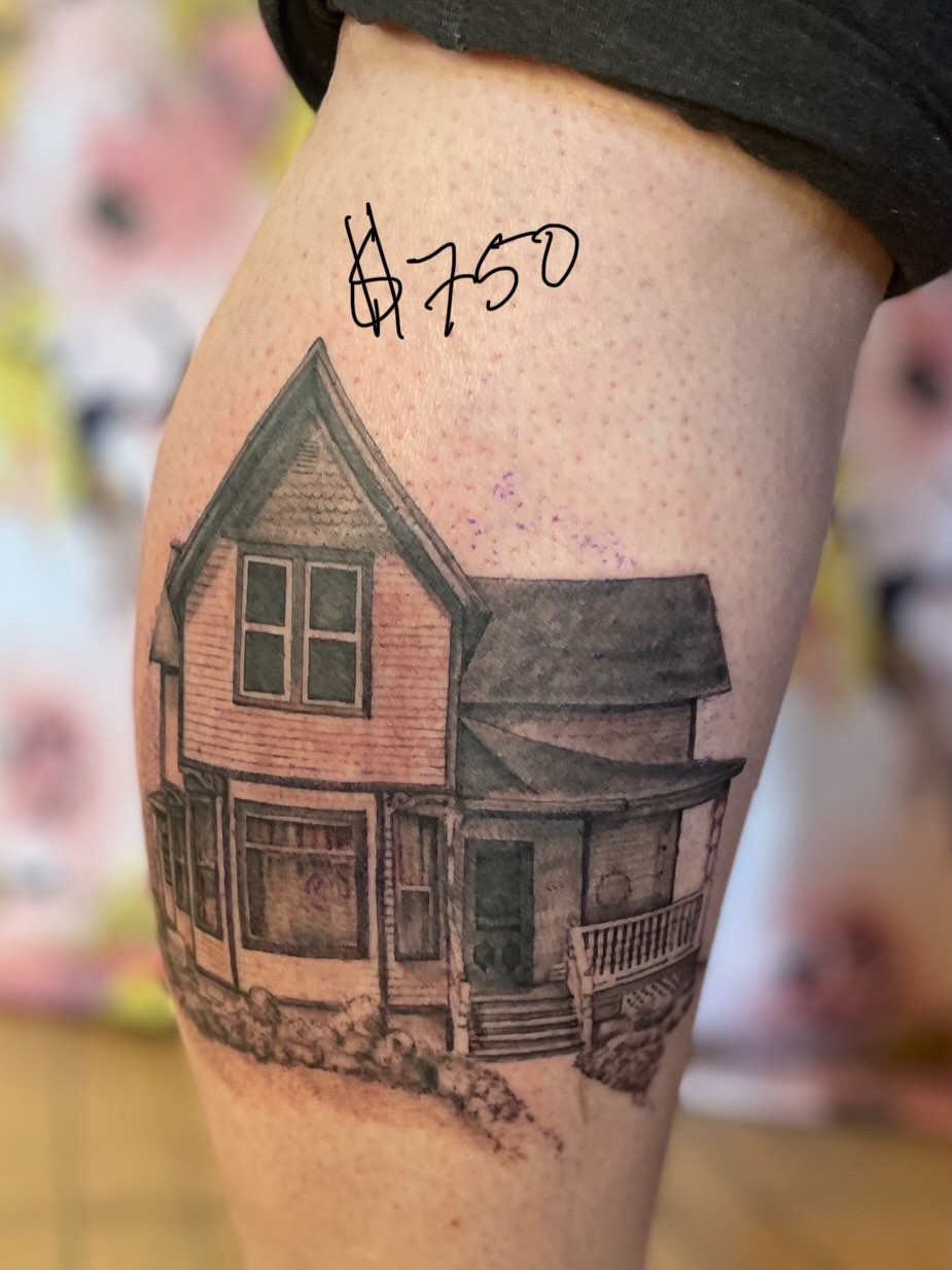 House black and grey tattoo on the thigh by paige  l  ink shrink tattoo