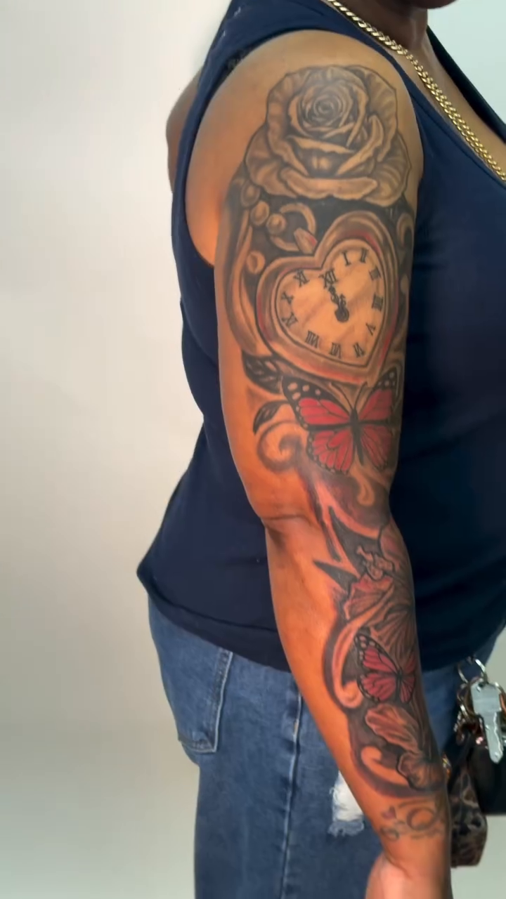 Clock, rose, and butterflies realism tattoo by Justin custard Tattoo💉Artist 🎨Painter