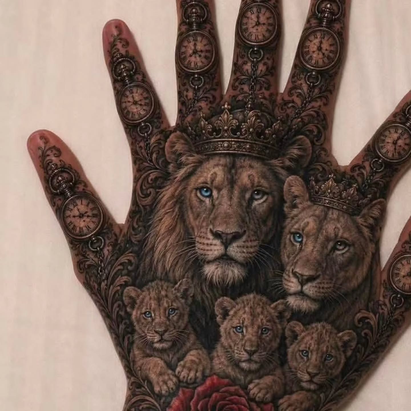 Lion family realism tattoo on the hand by Klazzik Mayfield, Fort Lauderdale, Florida