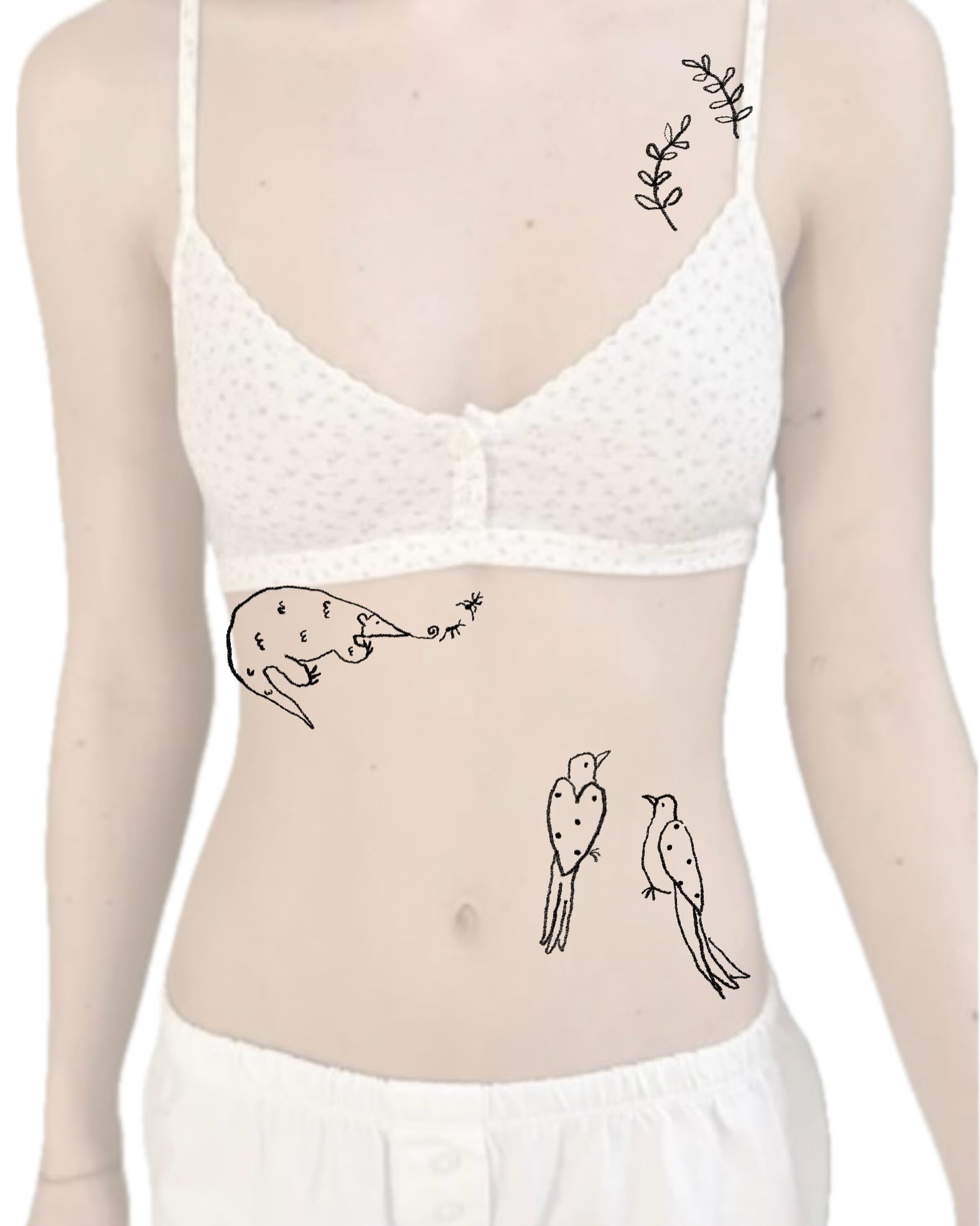 Birds and possum minimalist tattoo on the torso by 림구타투