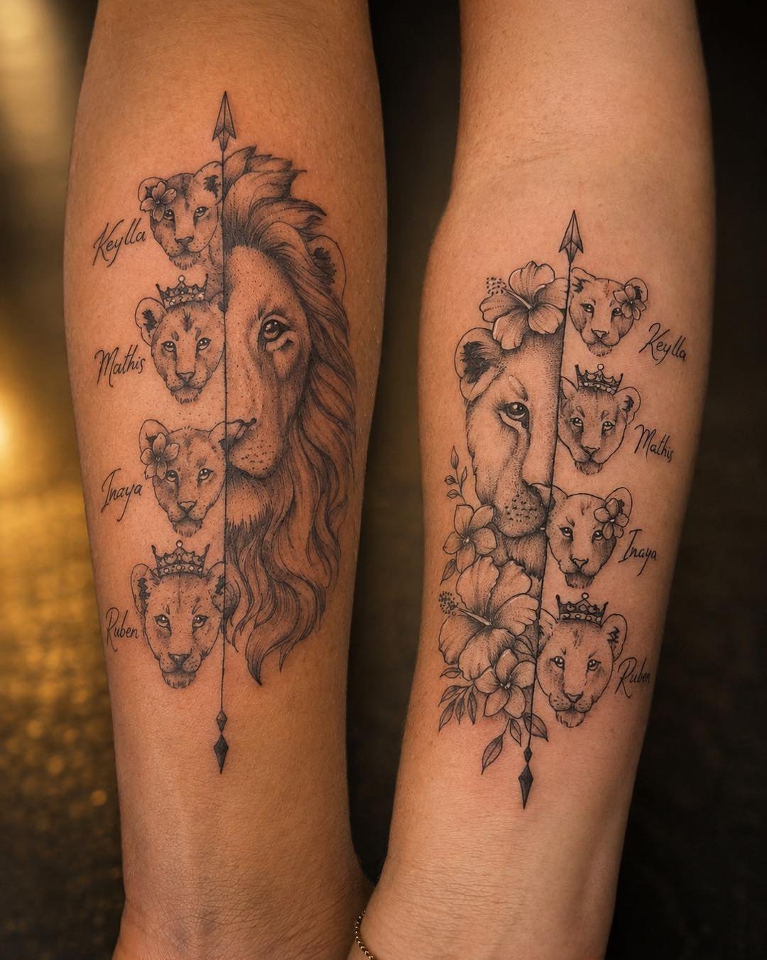 Lion family realism tattoo on the forearm by Flamboyant