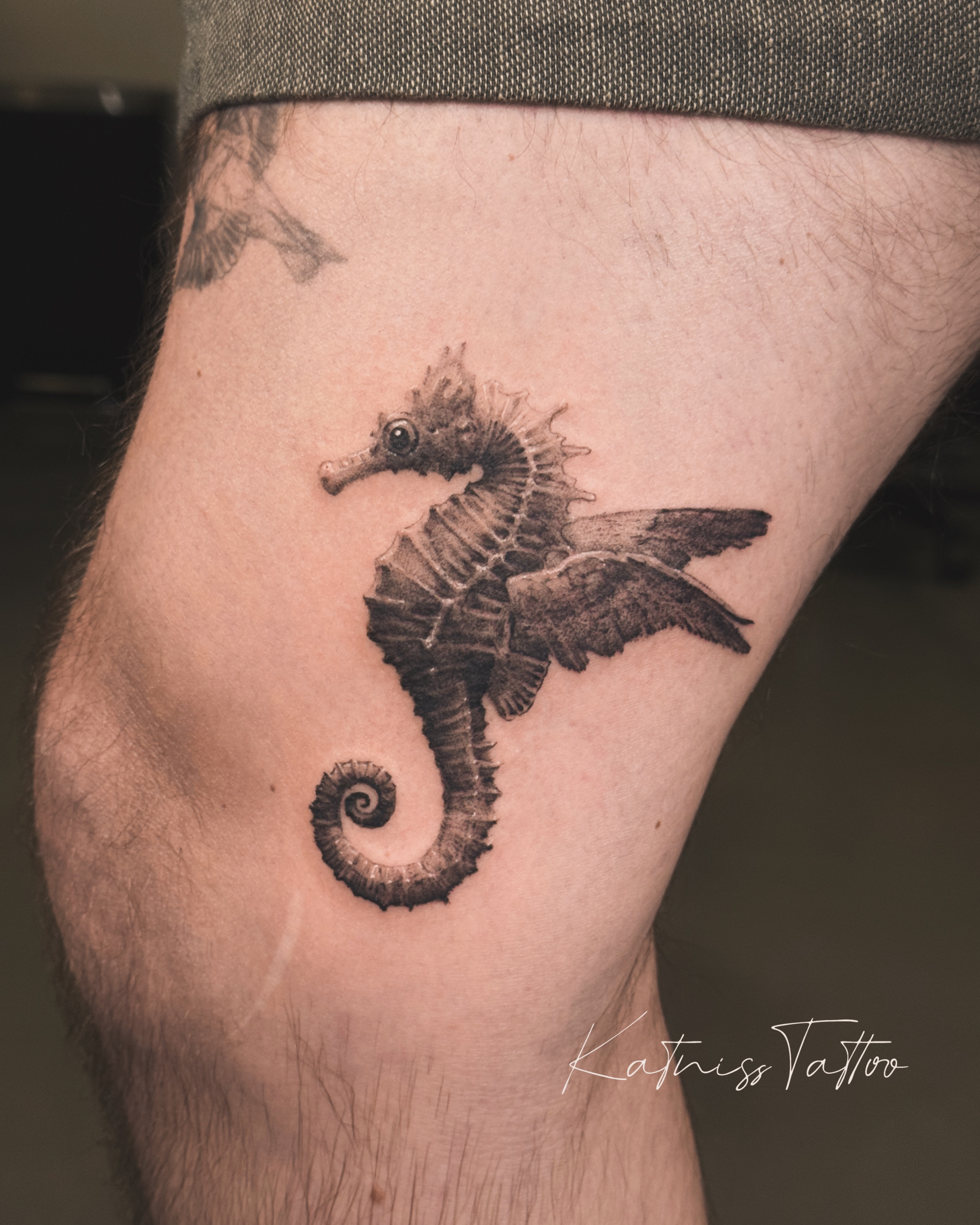 Seahorse realism tattoo on the thigh by 𝙆𝙖𝙩𝙣𝙞𝙨𝙨