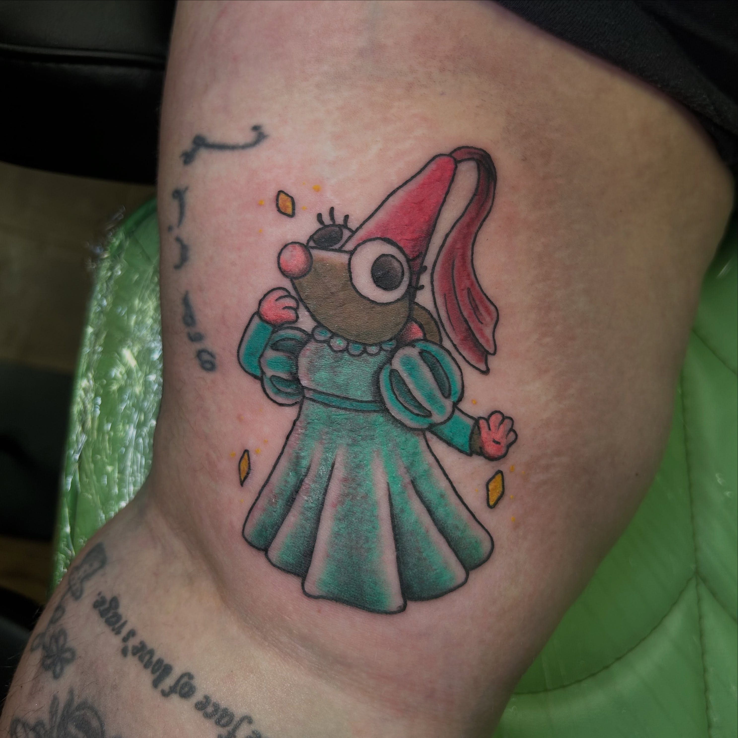 Mouse character new school tattoo on the thigh by Sarah π€π»