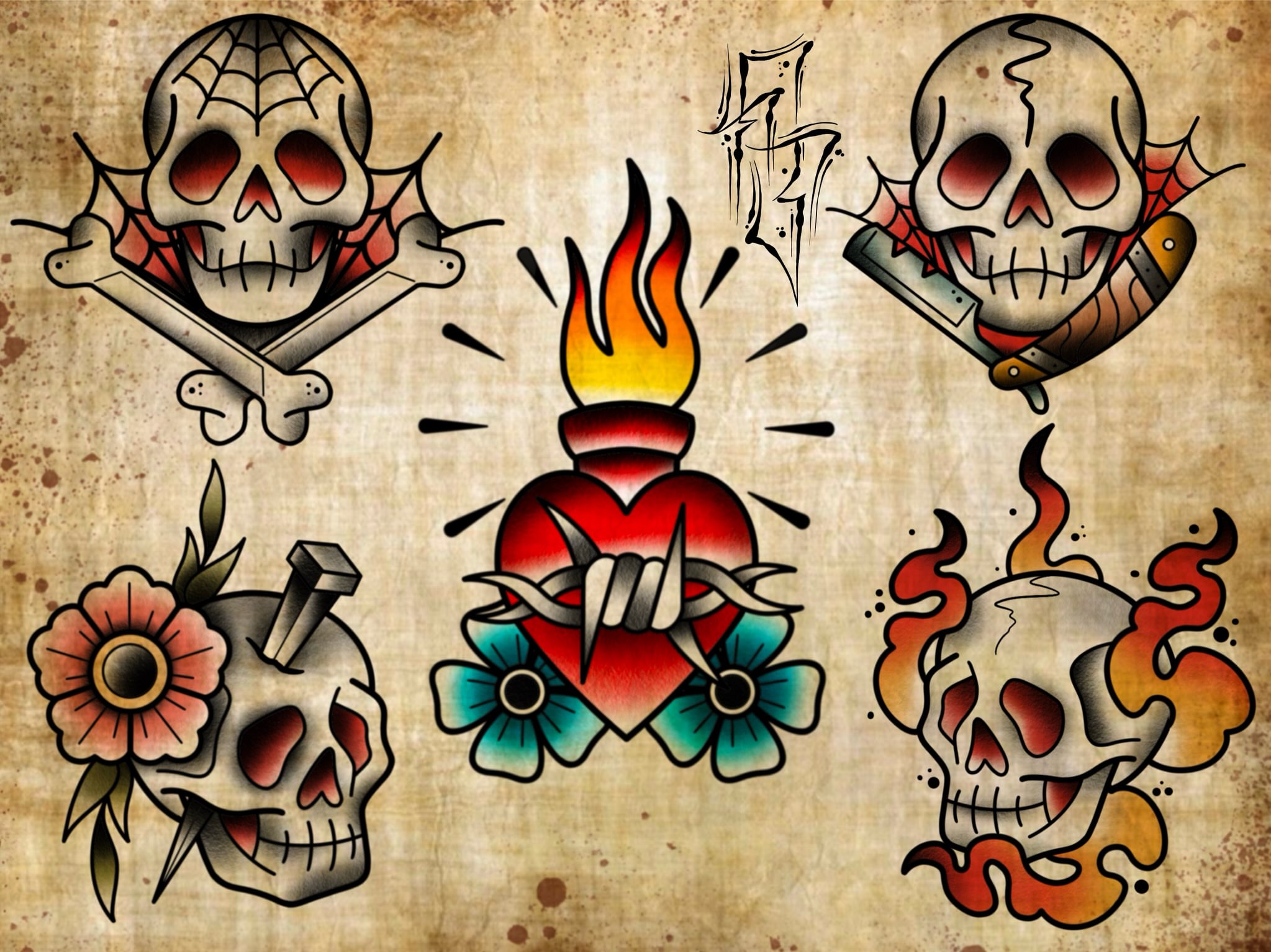 Skulls and hearts American traditional tattoo by Fizzy Jizzles, Worcester, England