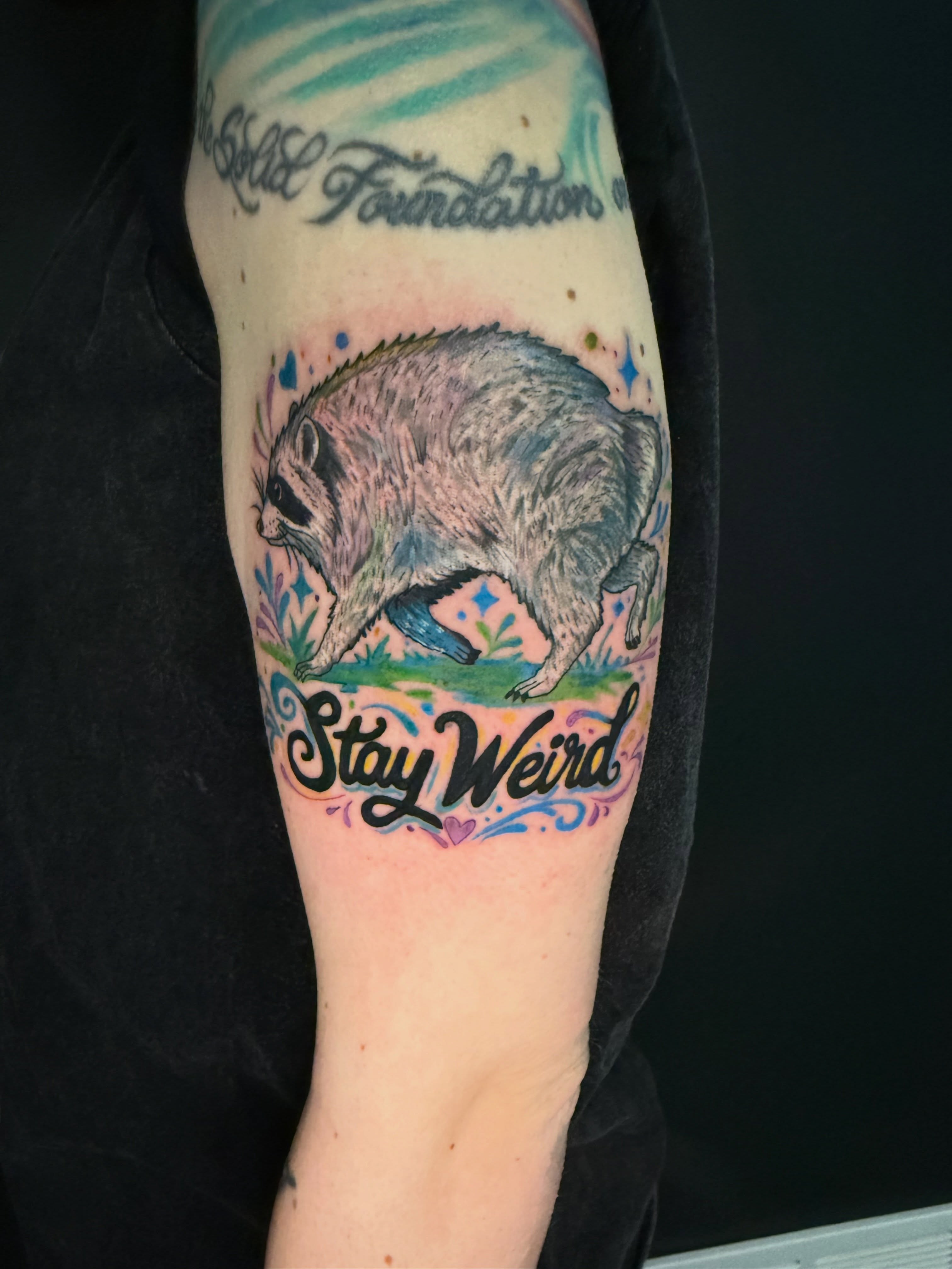 Raccoon new school tattoo on the forearm by Michelle Balhan