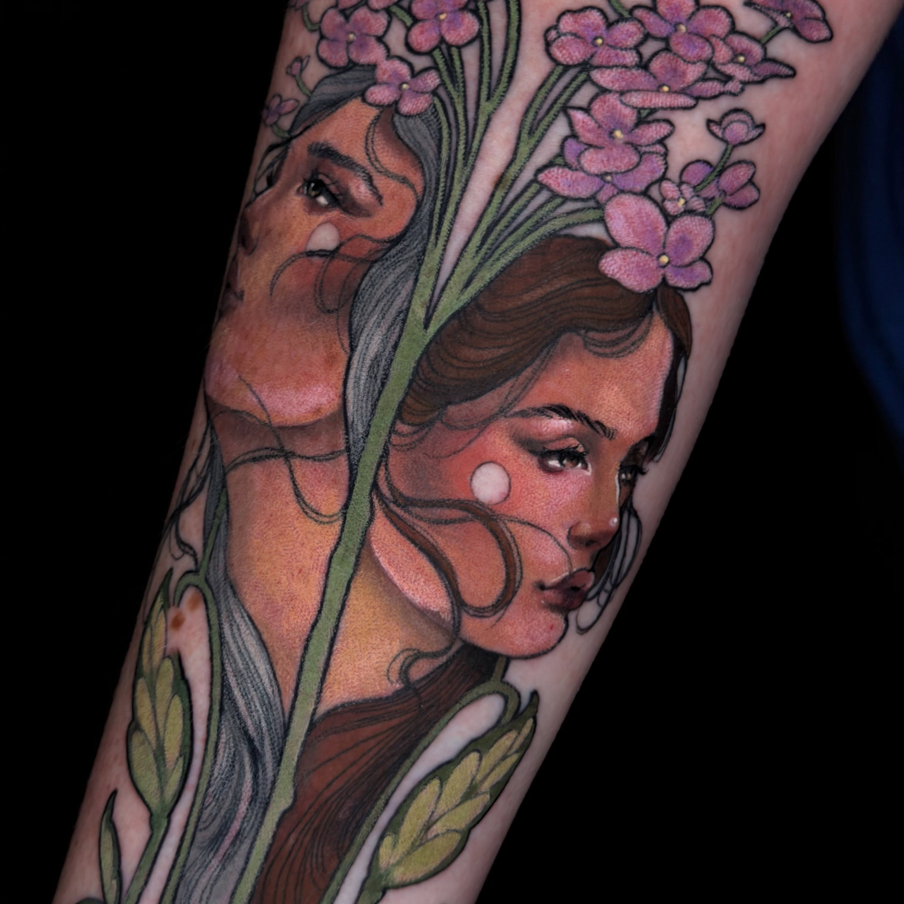 Floral portrait realism tattoo on the forearm by Paige Hudon, Chicago, Illinois