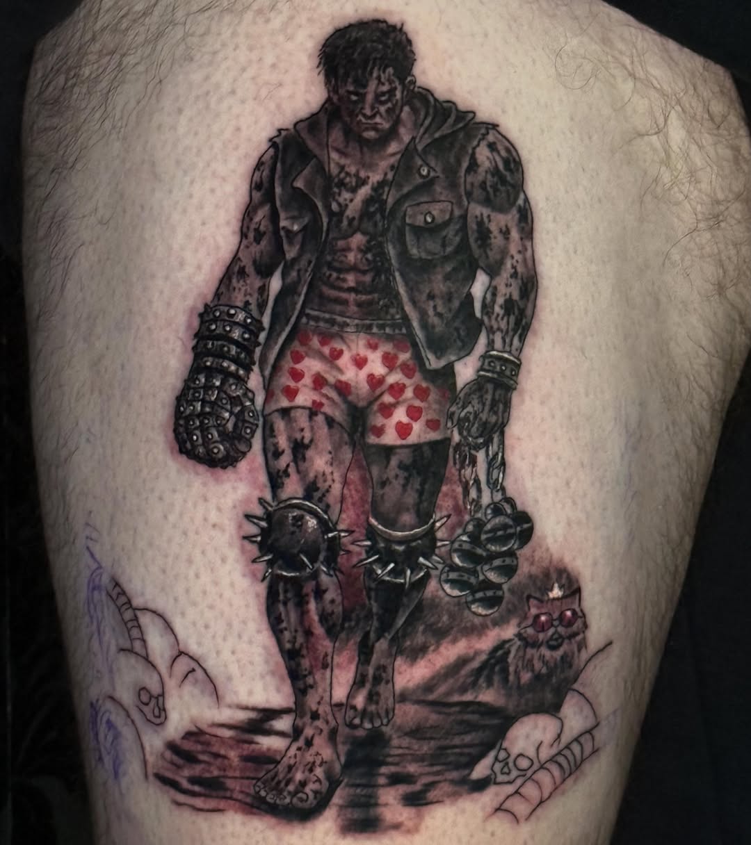 Zombie trash polka tattoo on the thigh by Jacob Bettker, Centerville, Ohio