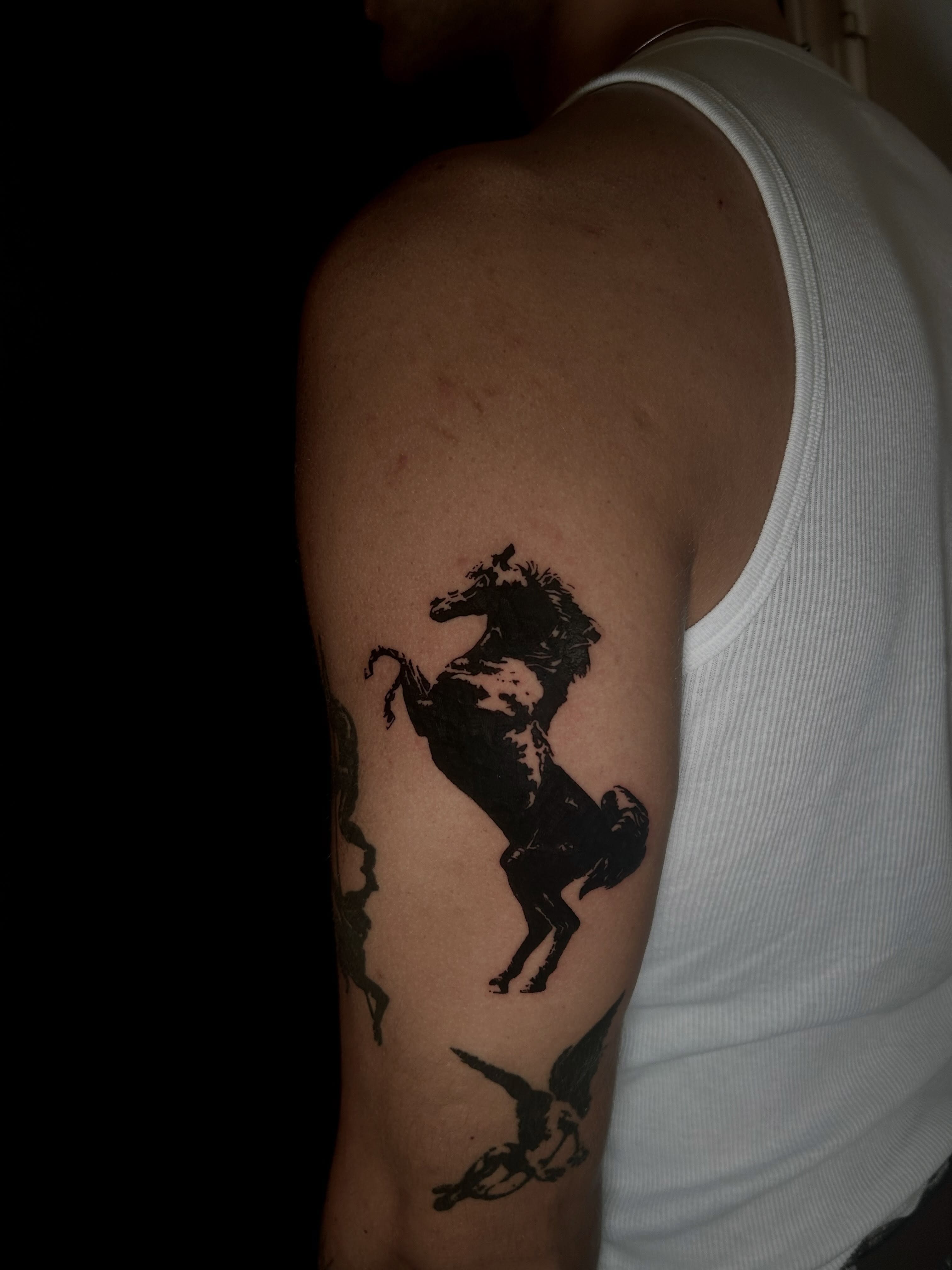 Horse black and grey tattoo on the upper arm by KB