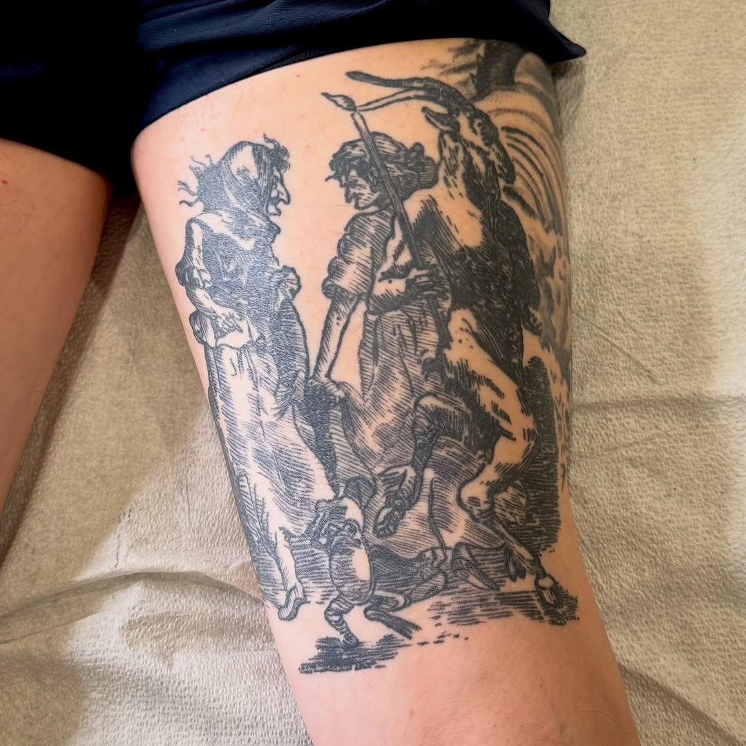 Religious scene black and grey tattoo on the thigh by Eric Guntor, Philadelphia, Pennsylvania