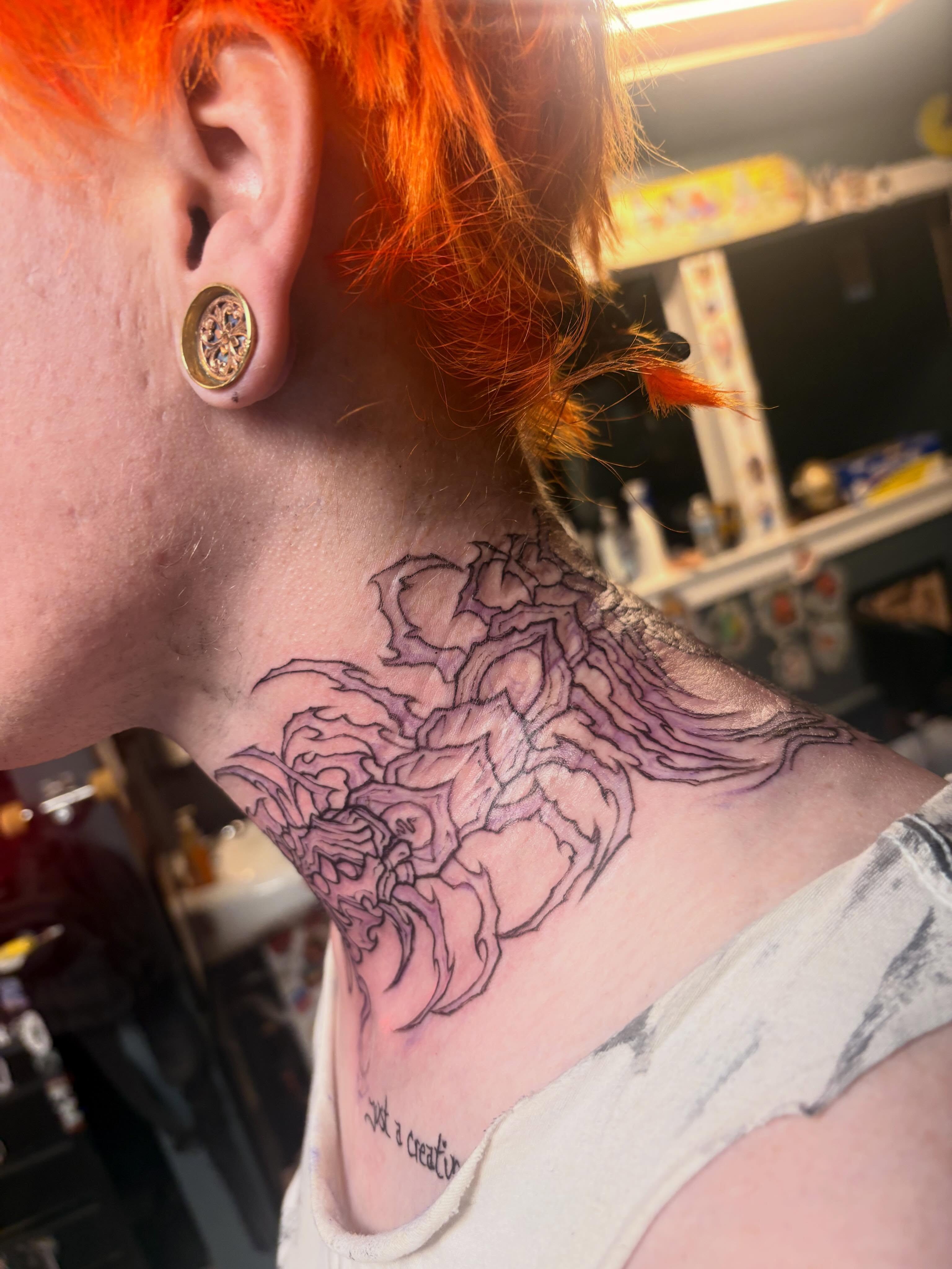 Floral black and grey tattoo on the neck by ๐ท๐๐๐๐