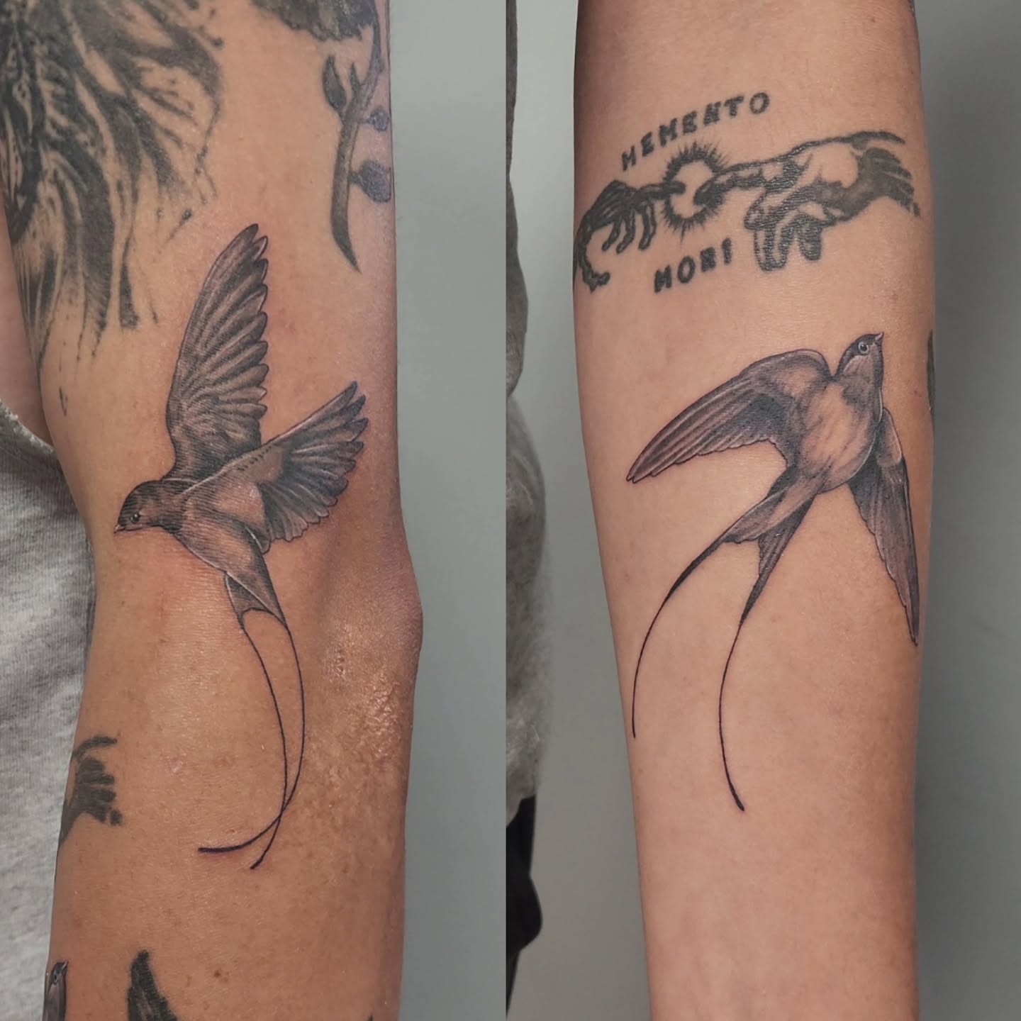 Swallow black and grey tattoo on the forearm by Jason August
