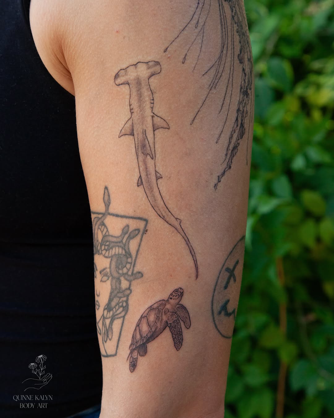 Hammerhead shark black and grey tattoo on the forearm by Nashville Piercer & Tattoo Artist ✨ Quinne