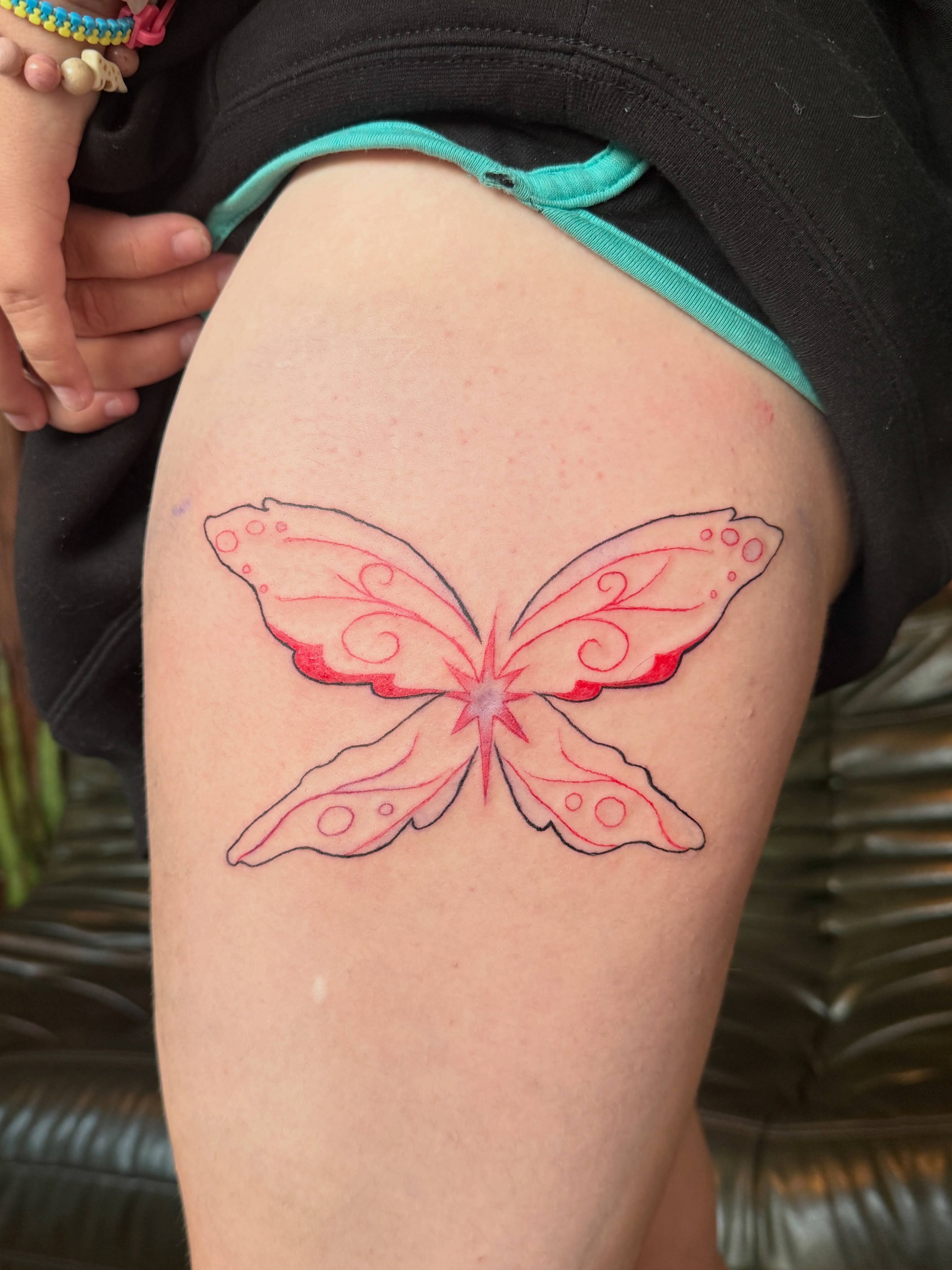 Butterfly dotwork tattoo on the thigh by nova ♡ˎˊ˗ tattoo apprentice