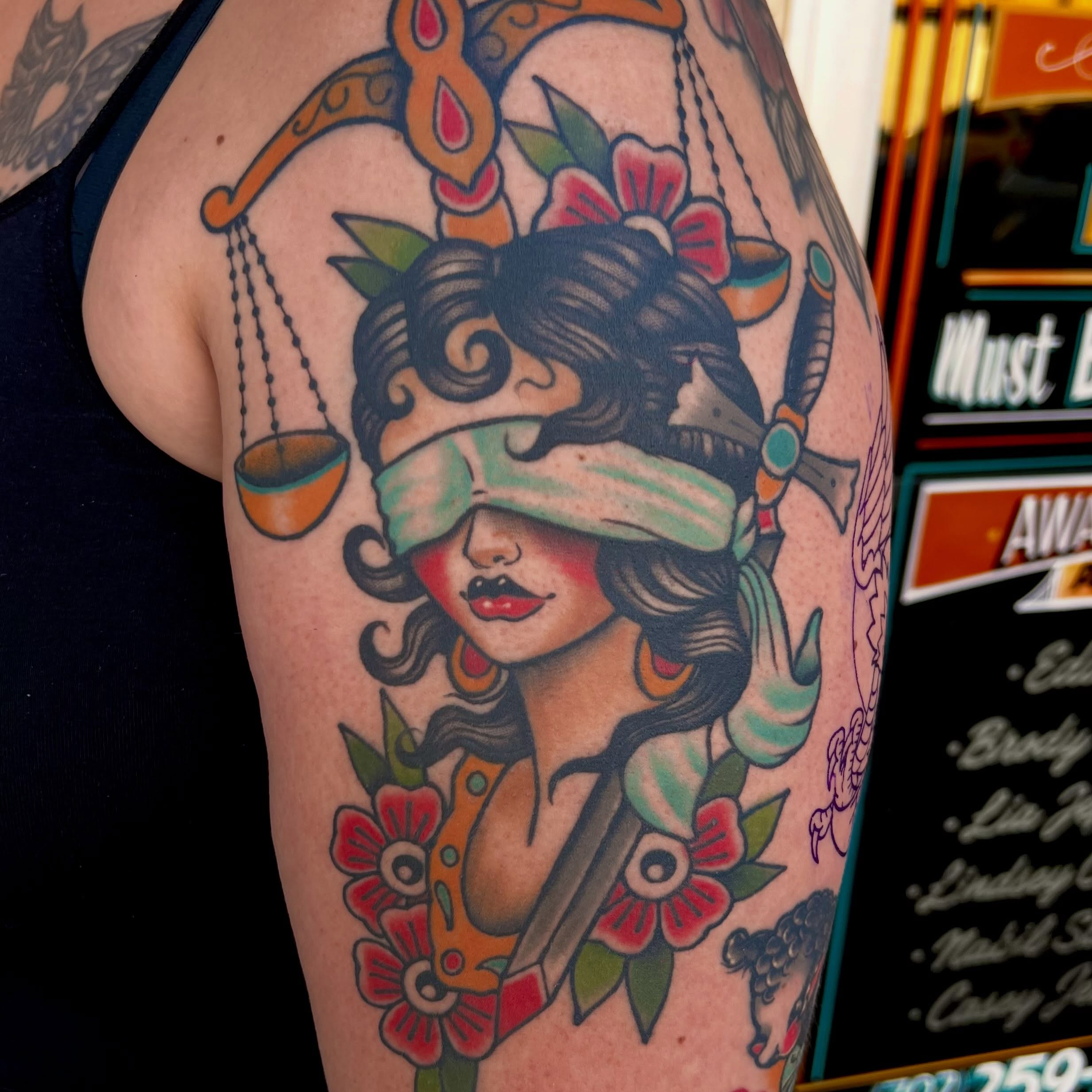 Libra woman American traditional tattoo on the forearm by 𝙻𝚒𝚊 𝙹𝚎𝚙𝚙𝚎𝚜𝚎𝚗