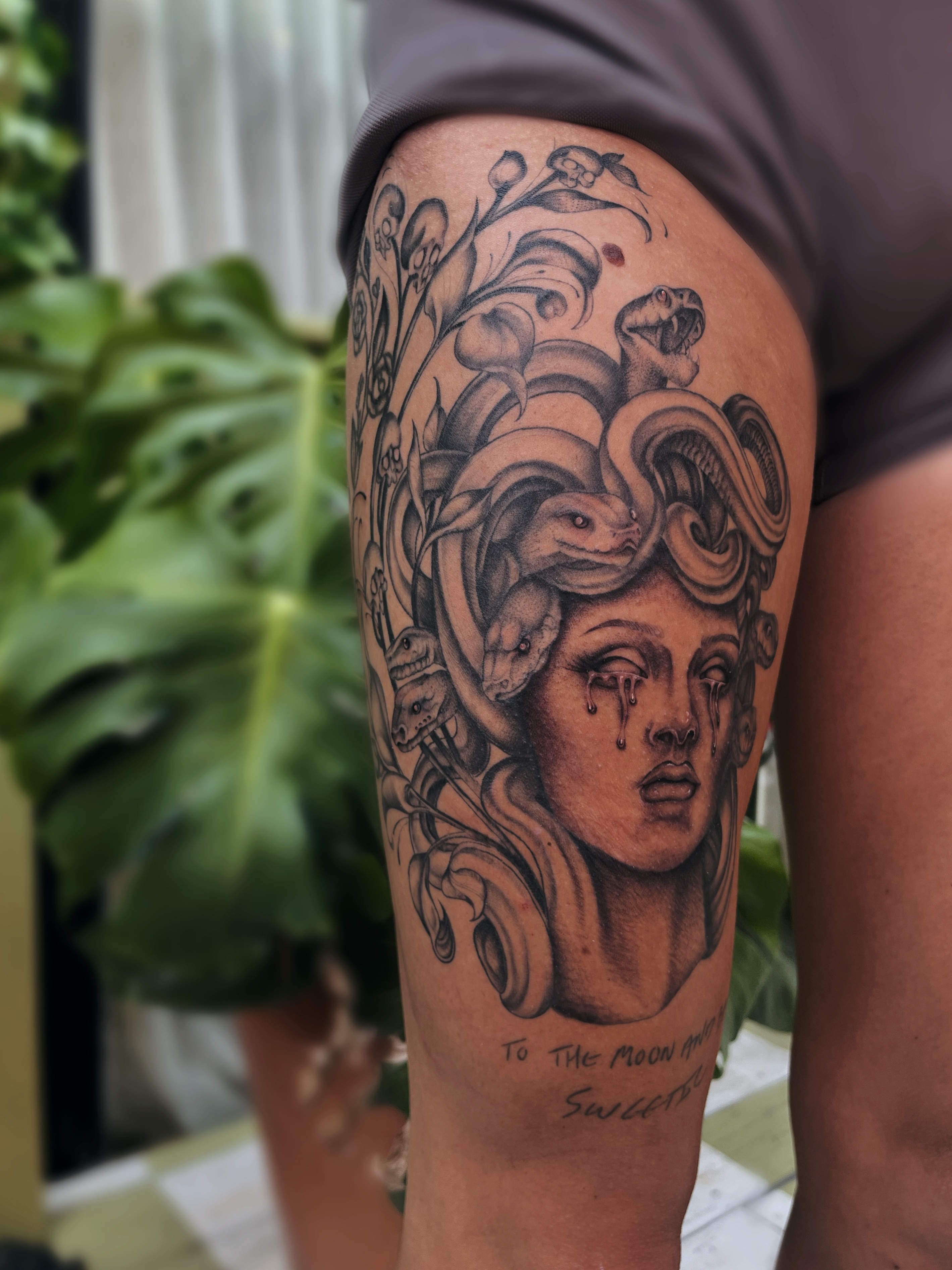 Medusa realism tattoo on the thigh by Kyla Jae
