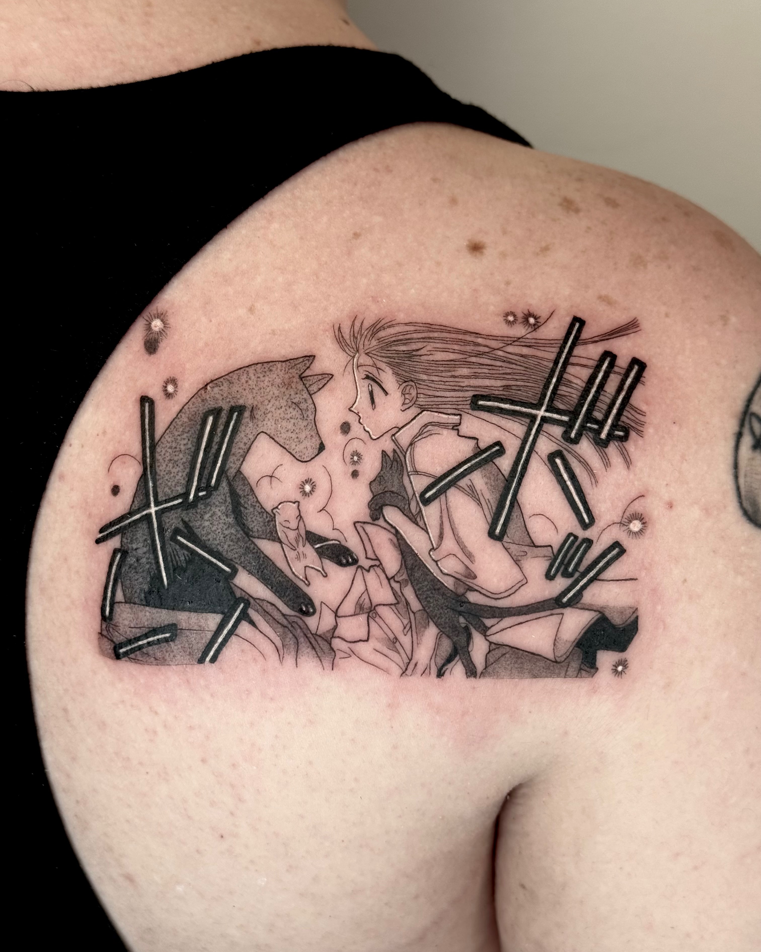 Tattoo by @emkriegart — anime, black_and_grey