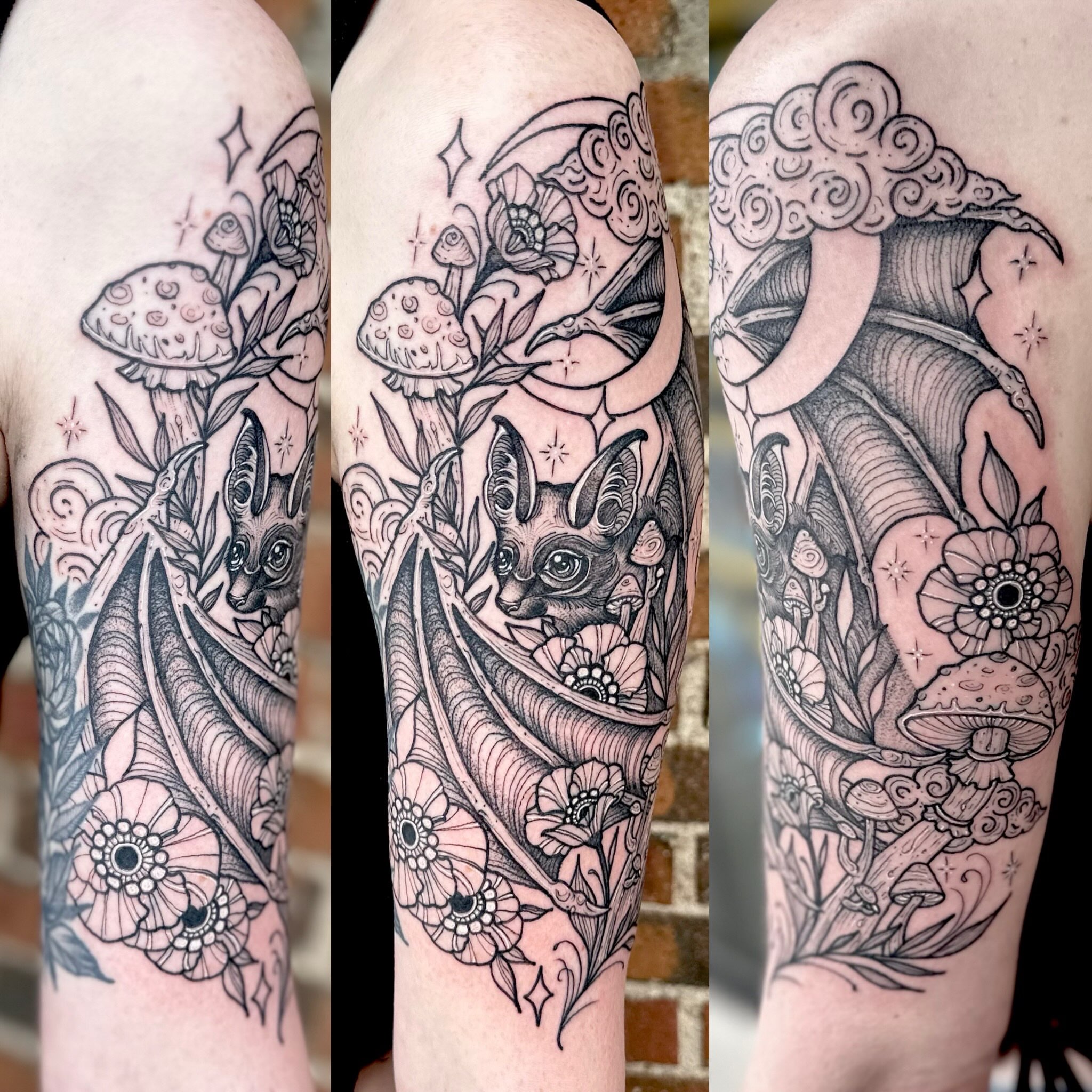 Bat and mushrooms surrealism tattoo on the forearm by Leeuh Vandever
