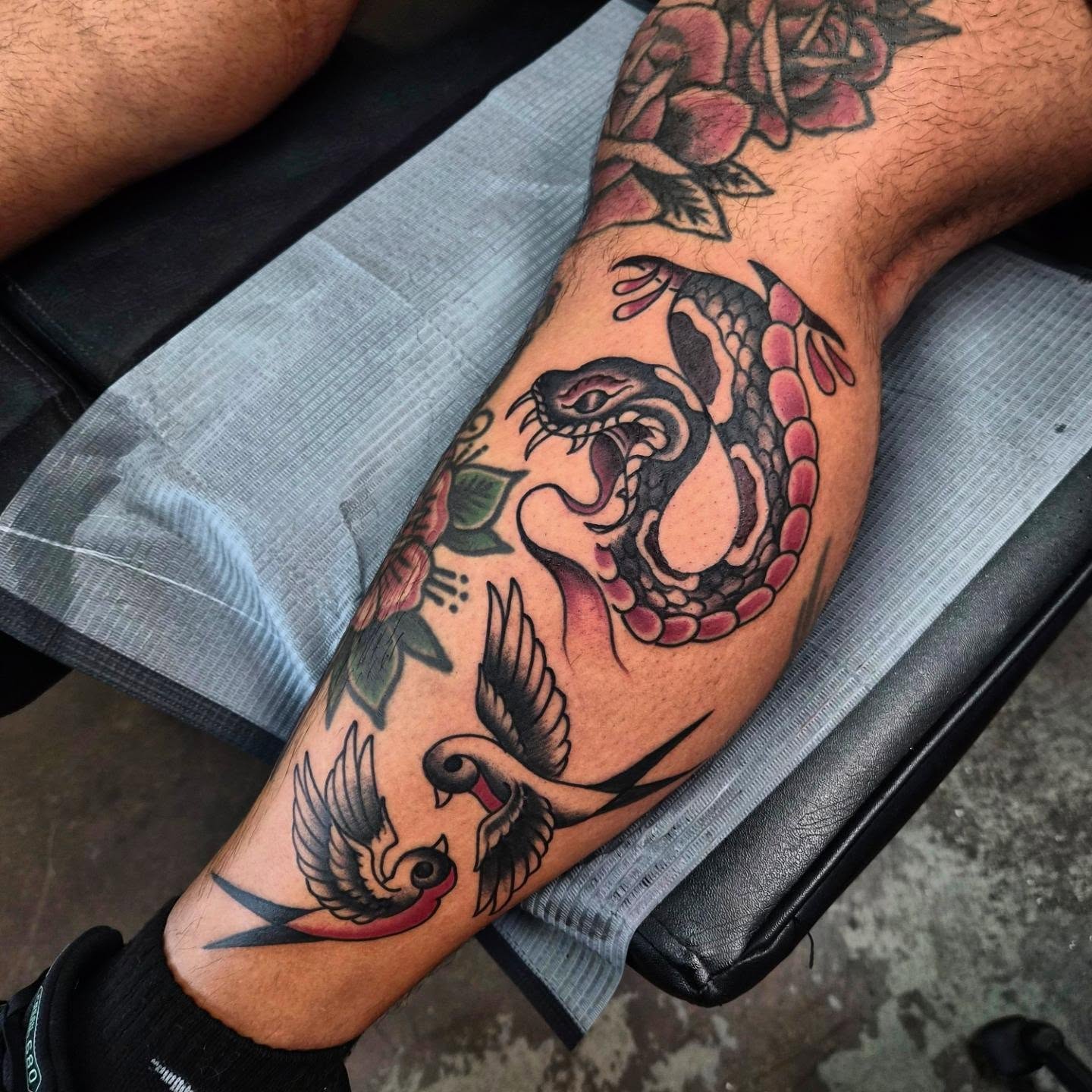 Snake and birds American traditional tattoo on the forearm by Taylor Popkins