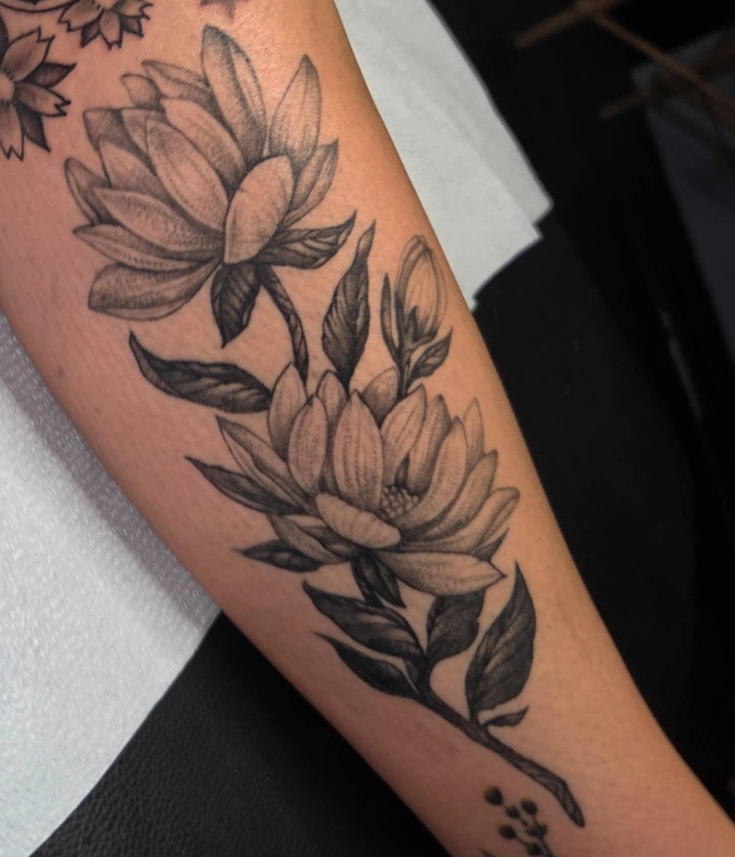 Lotus flowers black and grey tattoo on the forearm by Kat McCoy Guidera, Nashville, Tennessee