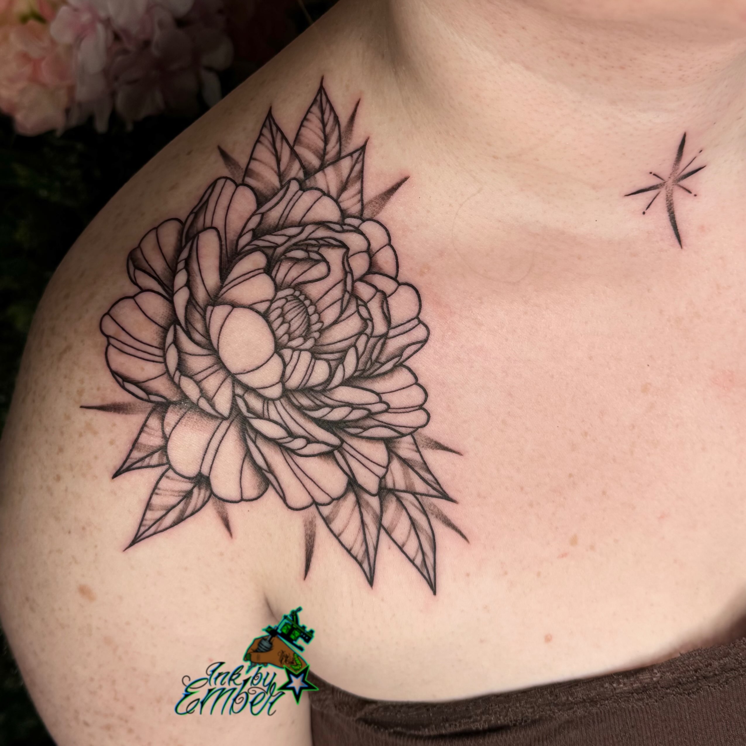 Peony flower black and grey tattoo on the shoulder by Ember