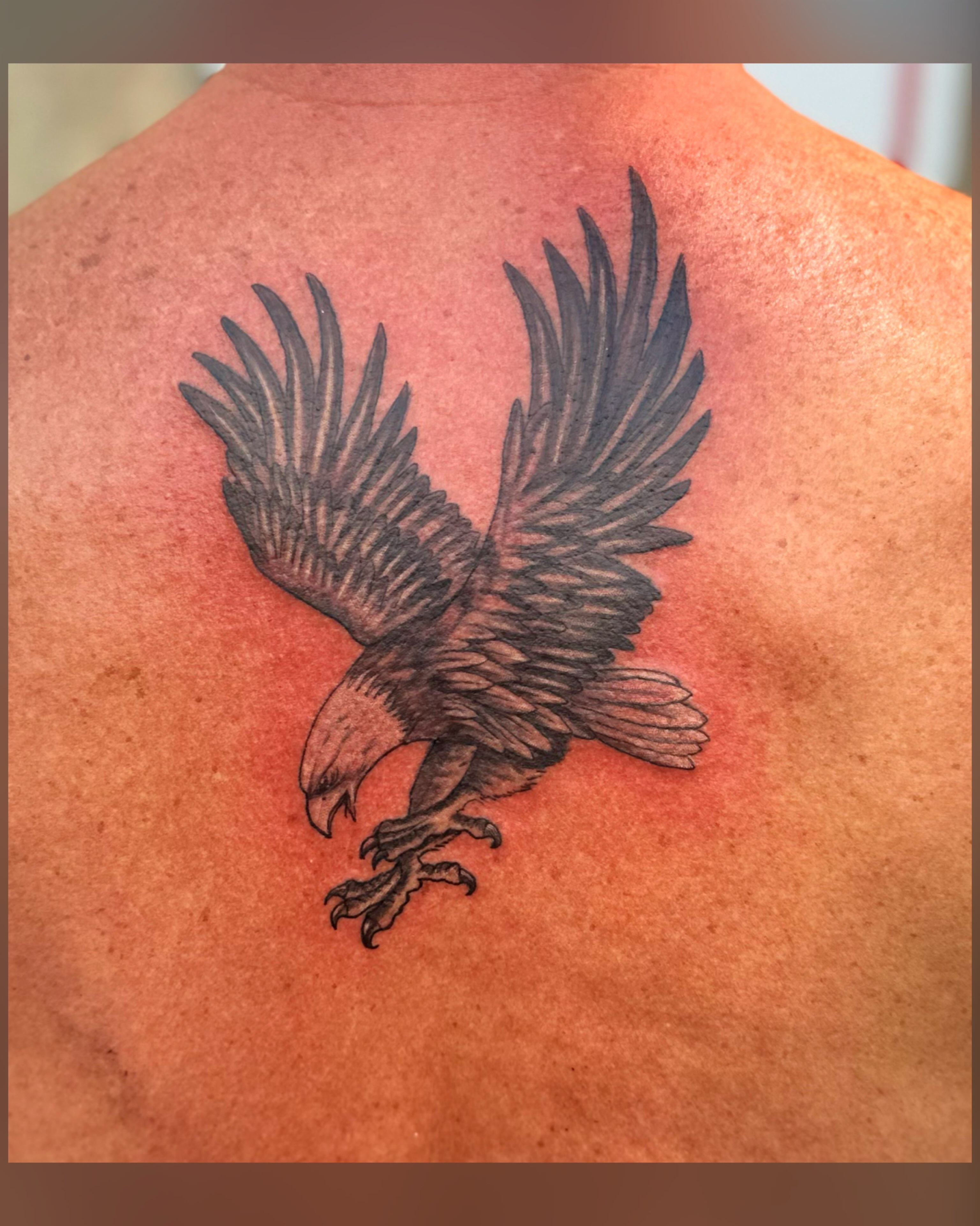 Eagle black and grey tattoo on the back by Chris Adkins Tattoos, Chattanooga, Tennessee