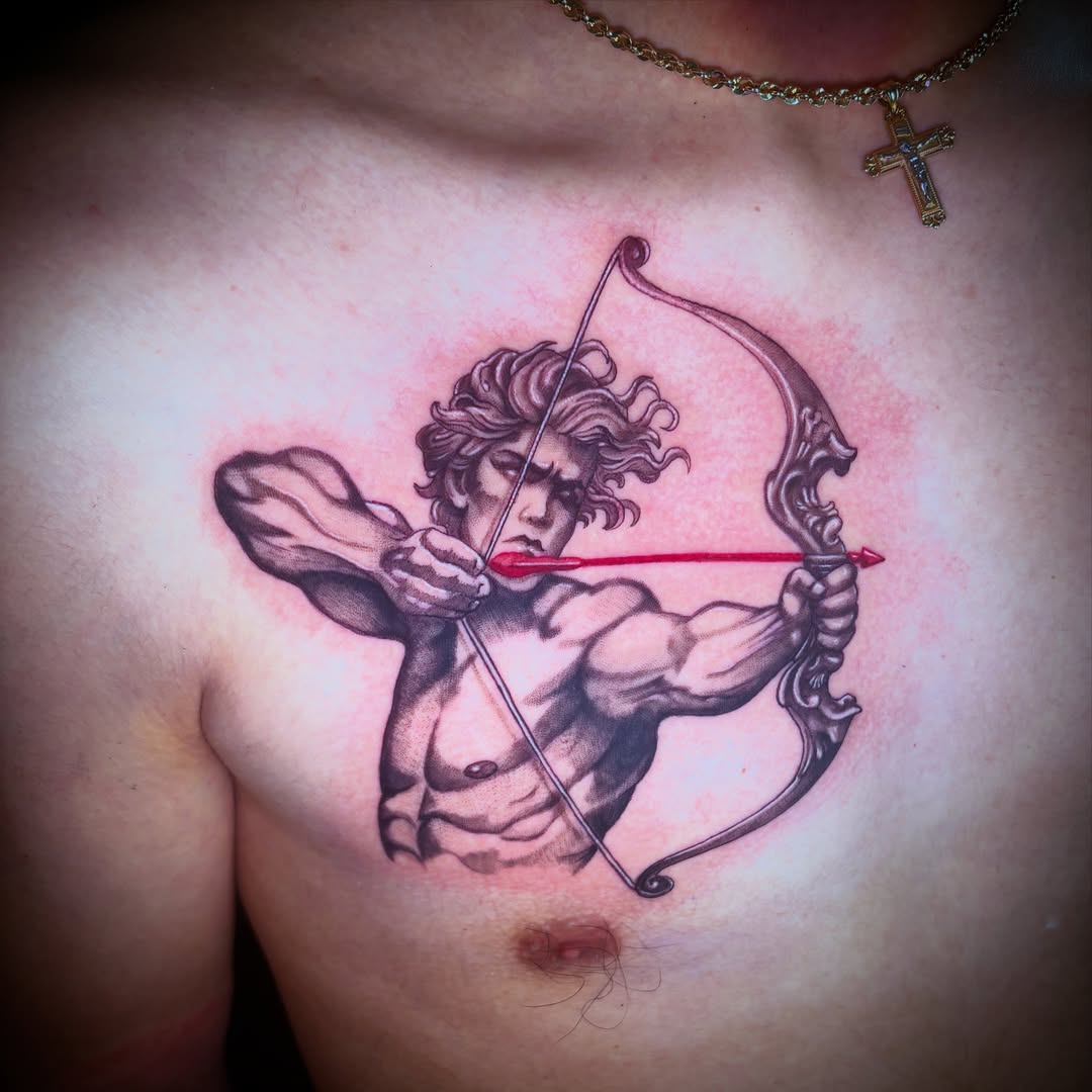 Mythical archer black and grey tattoo on the chest by Kiwi🌱☀️