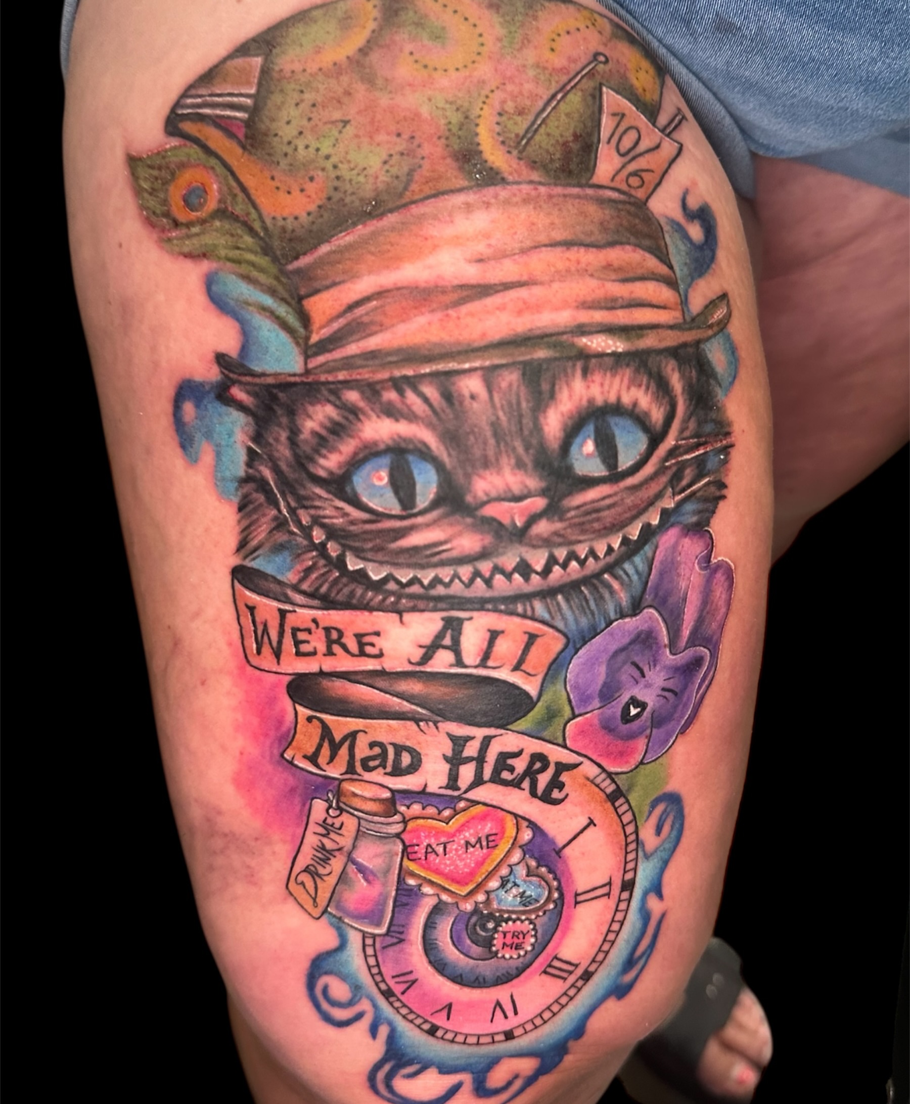 Cheshire Cat new school tattoo on the thigh by Joe 💭👁