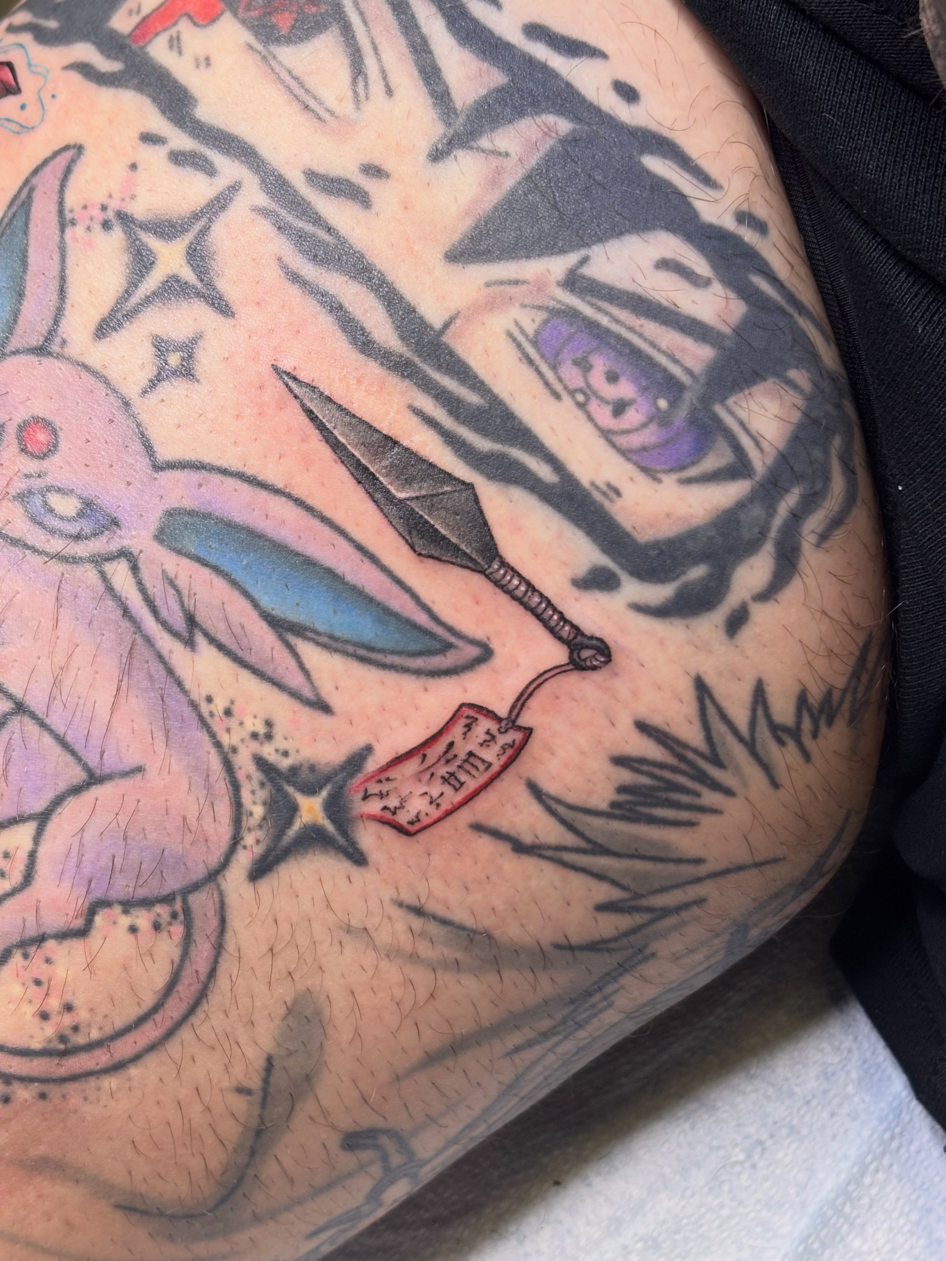 Rabbit and demon American traditional tattoo on the thigh by Nick Tate