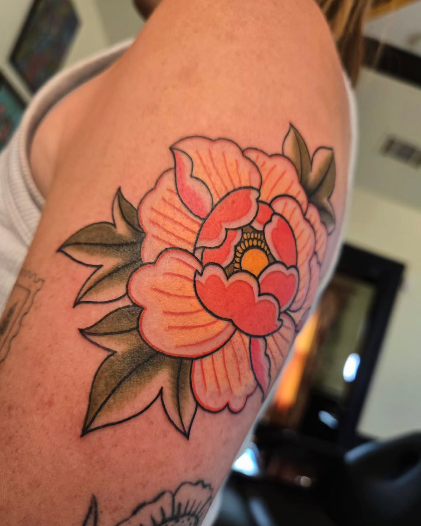 Peony American traditional tattoo on the shoulder by jo(rdan)